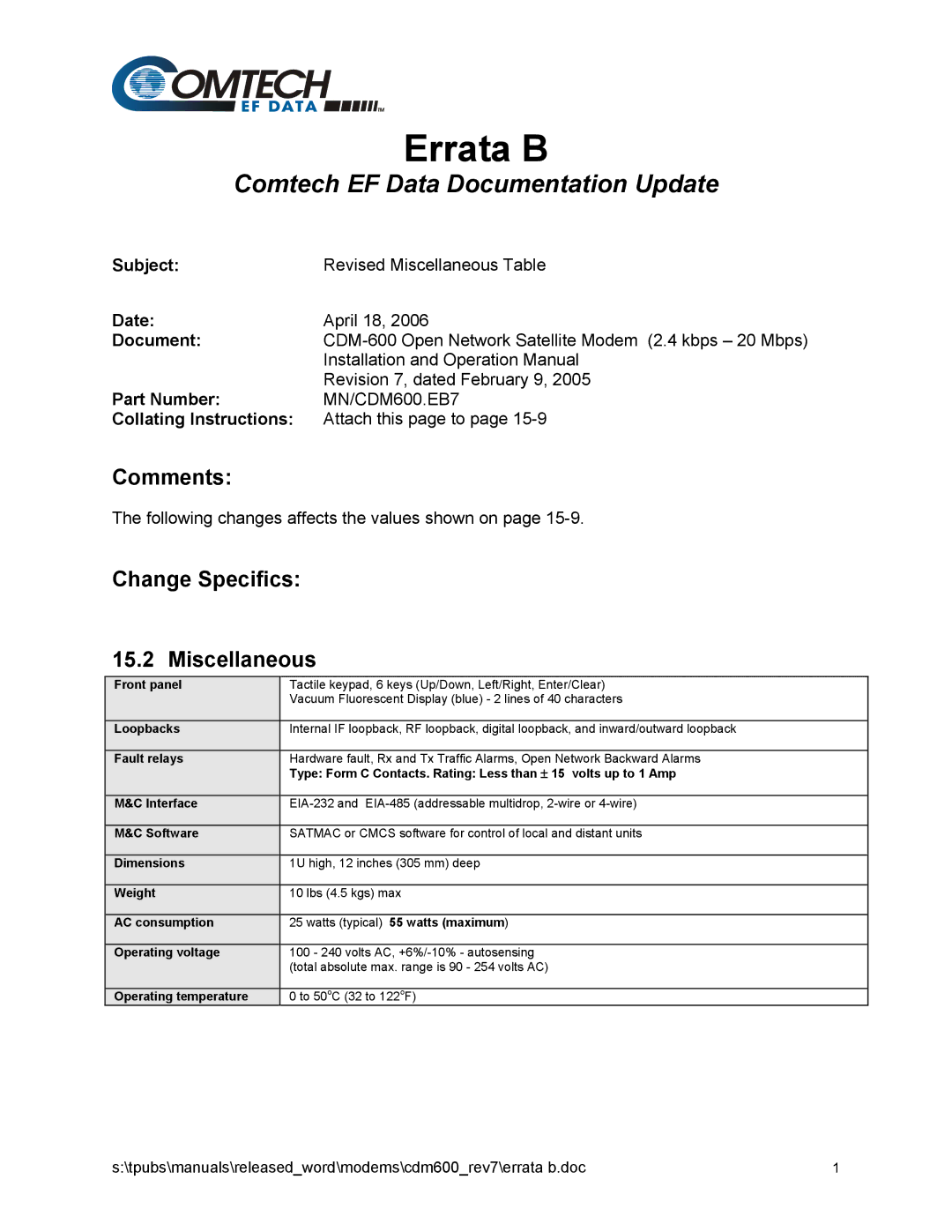 Premier Mounts CDM-600 specifications Errata B 