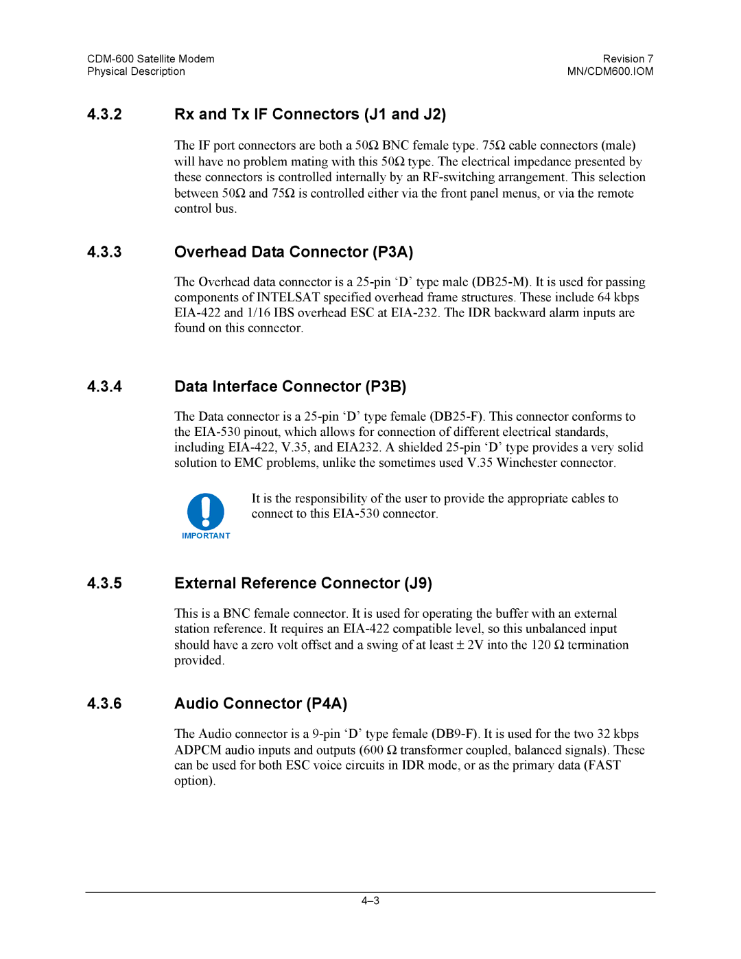 Premier Mounts CDM-600 Rx and Tx if Connectors J1 and J2, Overhead Data Connector P3A, Data Interface Connector P3B 