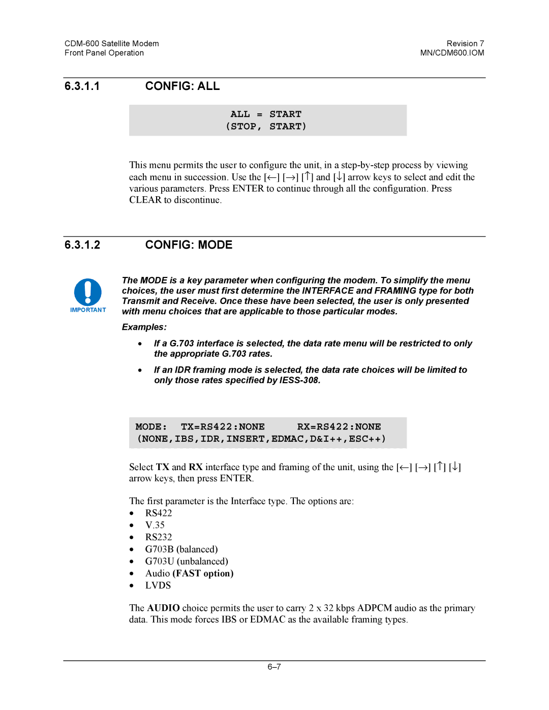 Premier Mounts CDM-600 specifications Config ALL, Config Mode, ALL = Start STOP, Start, Mode TX=RS422NONE 