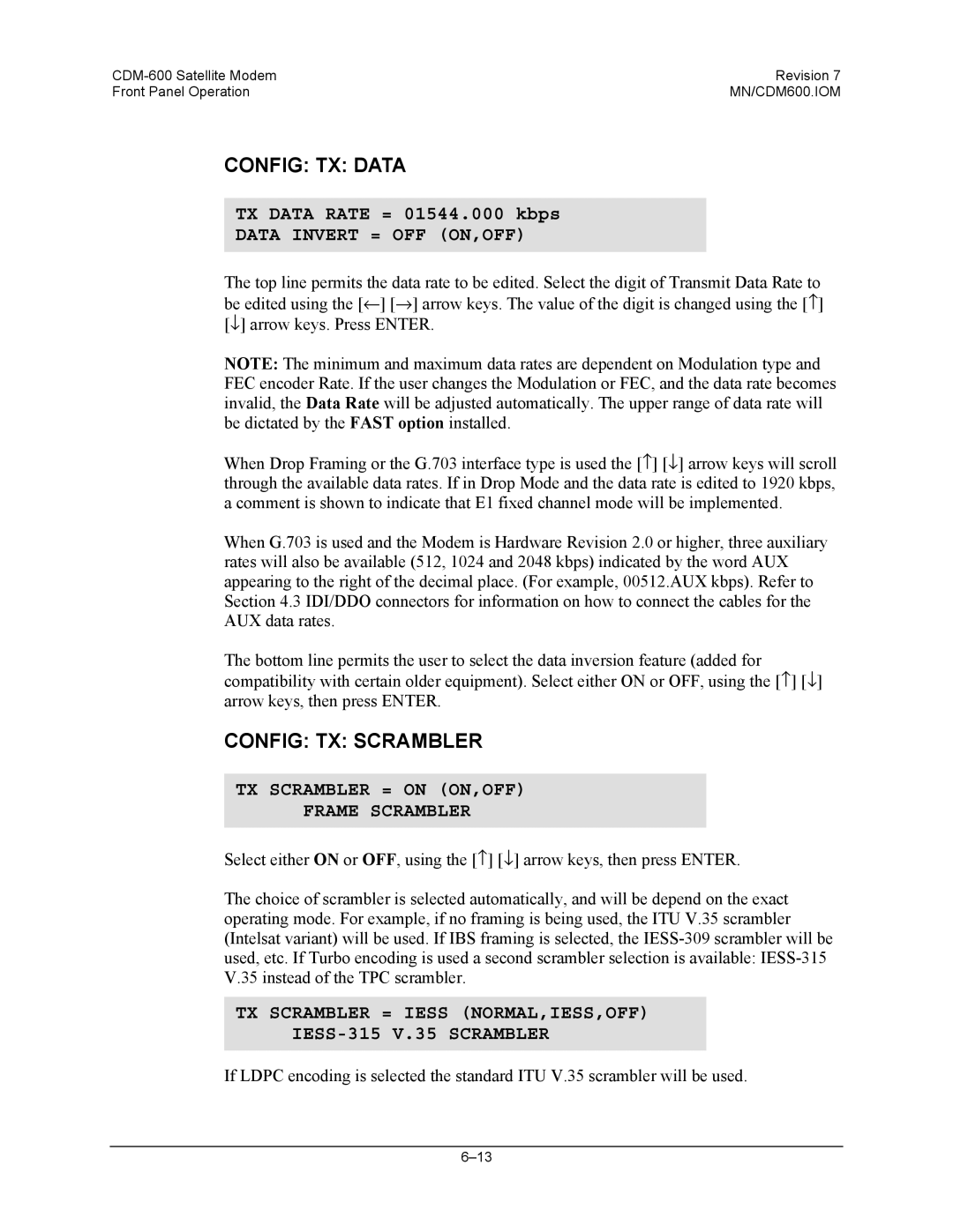 Premier Mounts CDM-600 specifications Config TX Data, Config TX Scrambler, Data Invert = OFF ON,OFF 