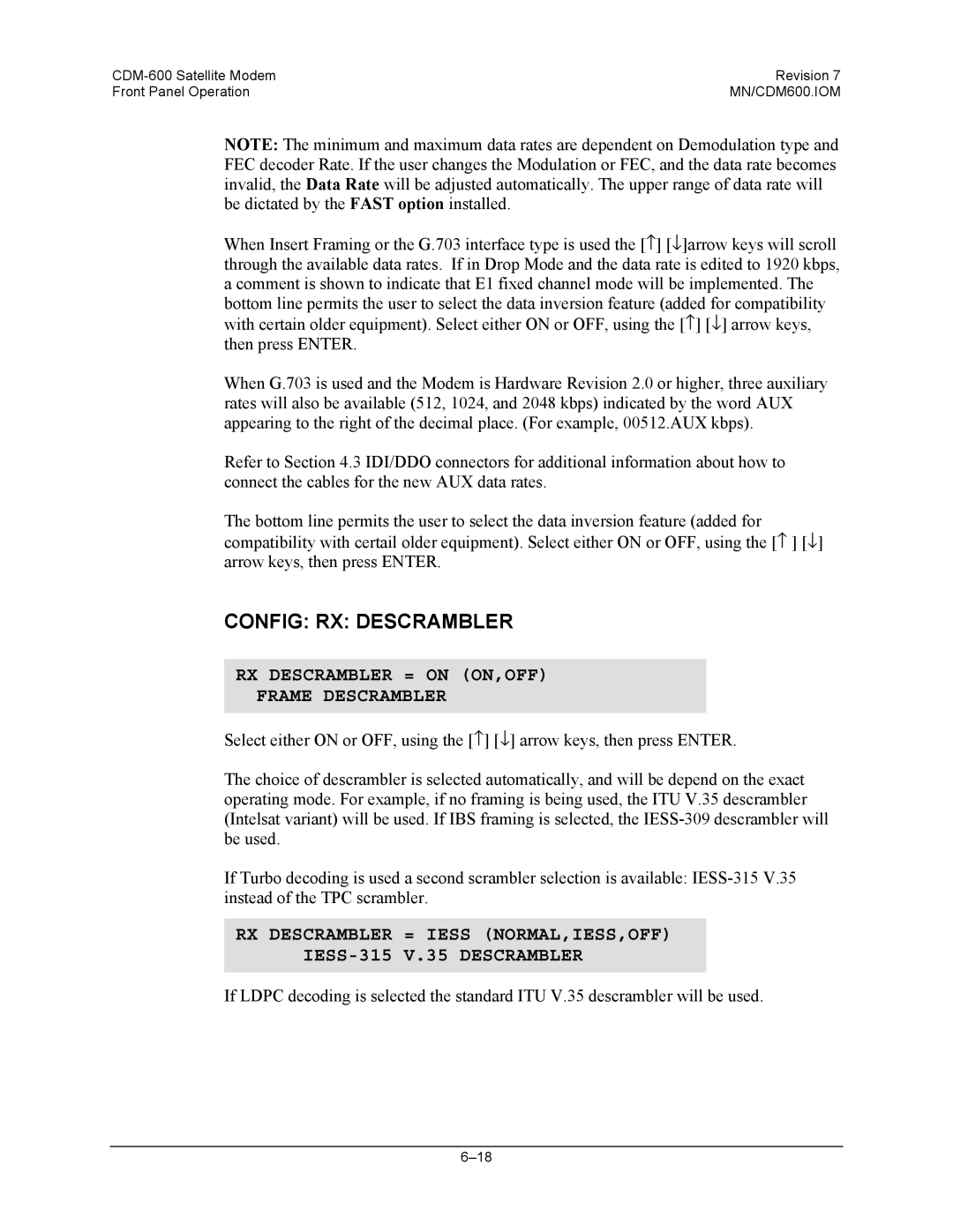 Premier Mounts CDM-600 specifications Config RX Descrambler, RX Descrambler = on ON,OFF Frame Descrambler 