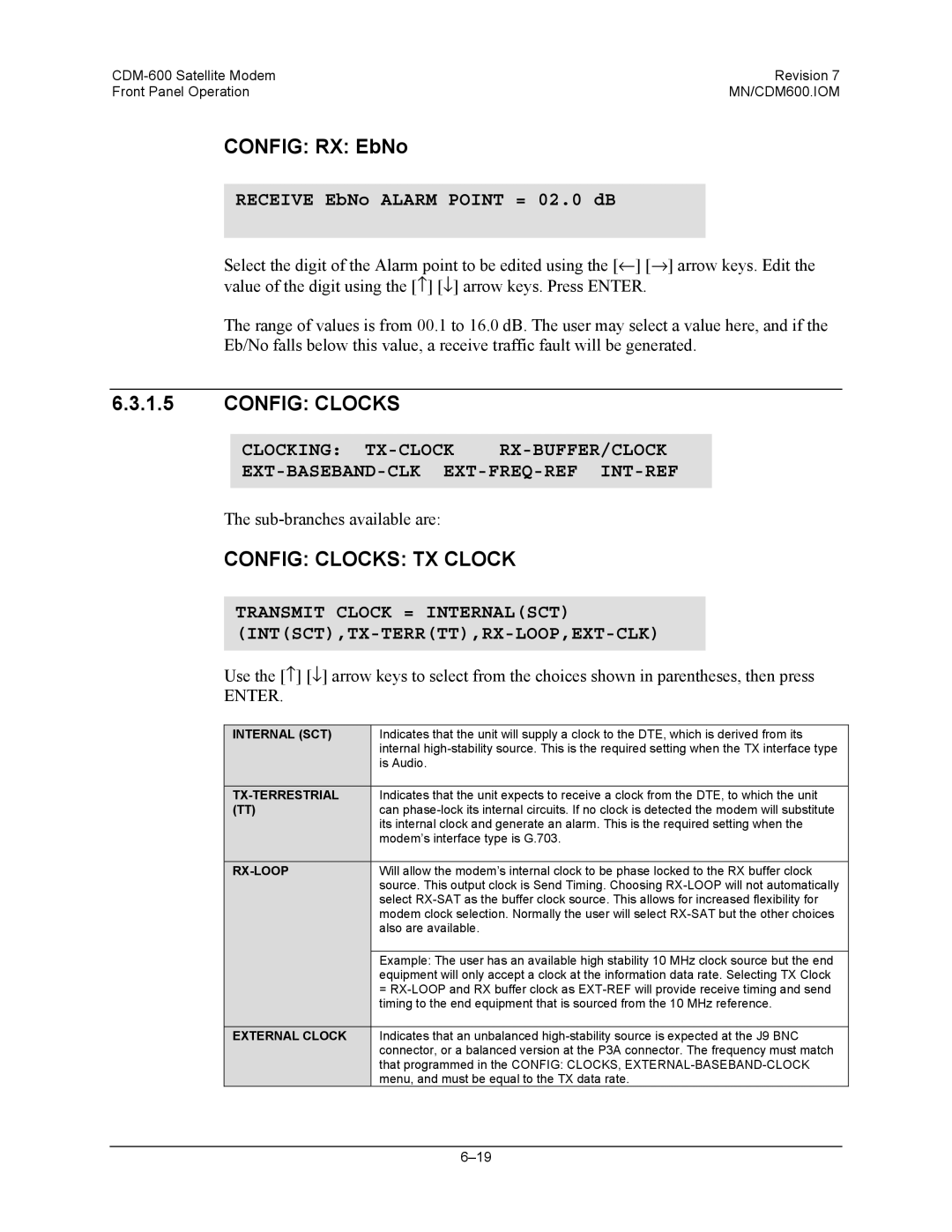 Premier Mounts CDM-600 specifications Config RX EbNo, Config Clocks TX Clock, Clocking TX-CLOCK 