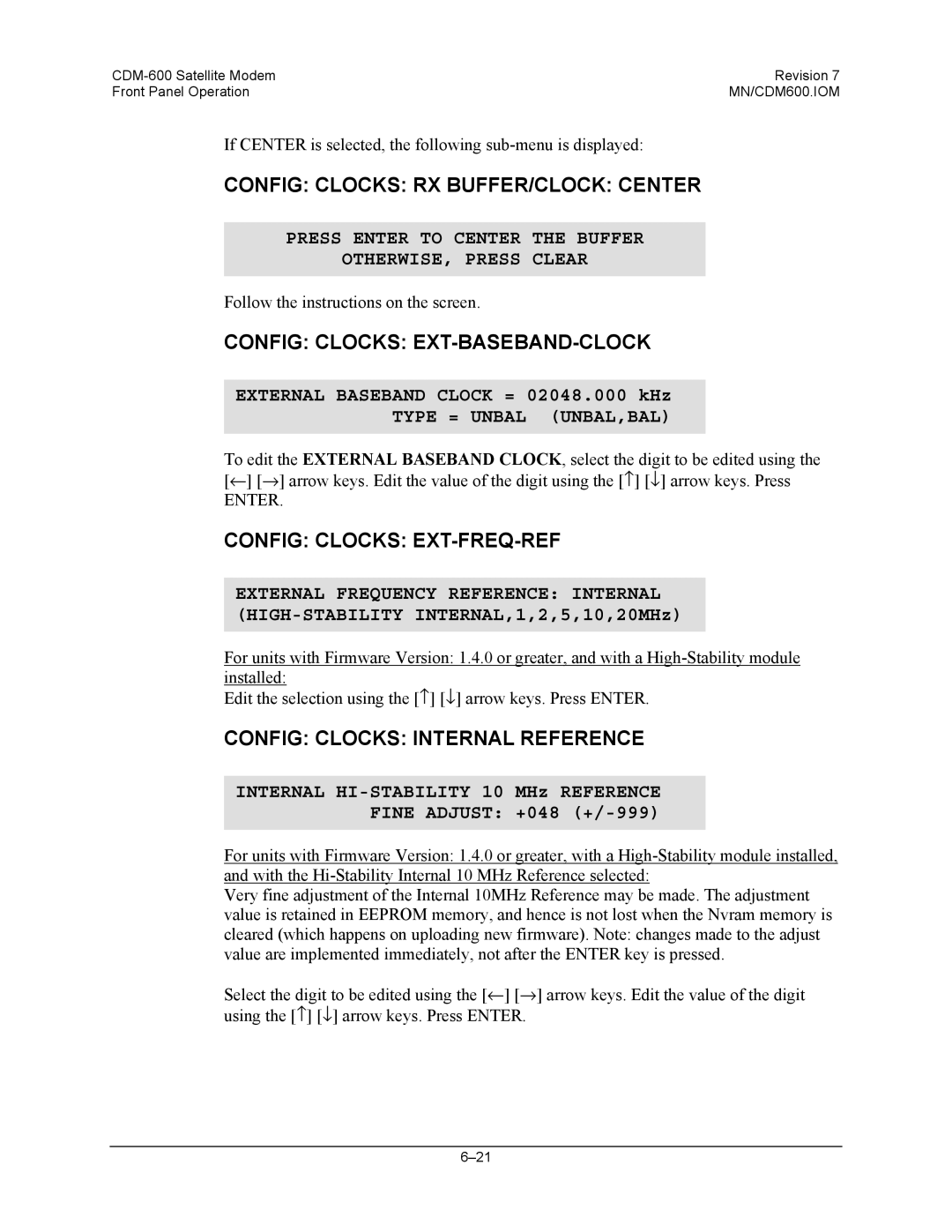 Premier Mounts CDM-600 Config Clocks RX BUFFER/CLOCK Center, Config Clocks EXT-BASEBAND-CLOCK, Config Clocks EXT-FREQ-REF 