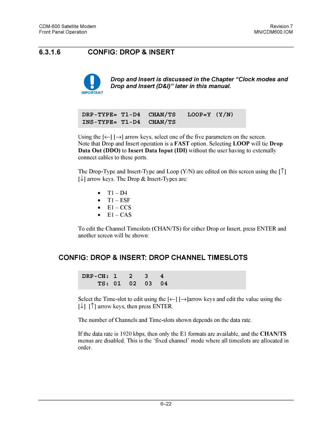 Premier Mounts CDM-600 specifications Config Drop & Insert Drop Channel Timeslots, DRP-CH 1 2 3 TS 01 02 03 