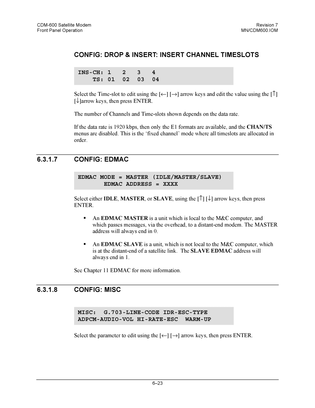 Premier Mounts CDM-600 Config Drop & Insert Insert Channel Timeslots, Config Edmac, Config Misc, INS-CH 1 2 3 TS 01 02 03 