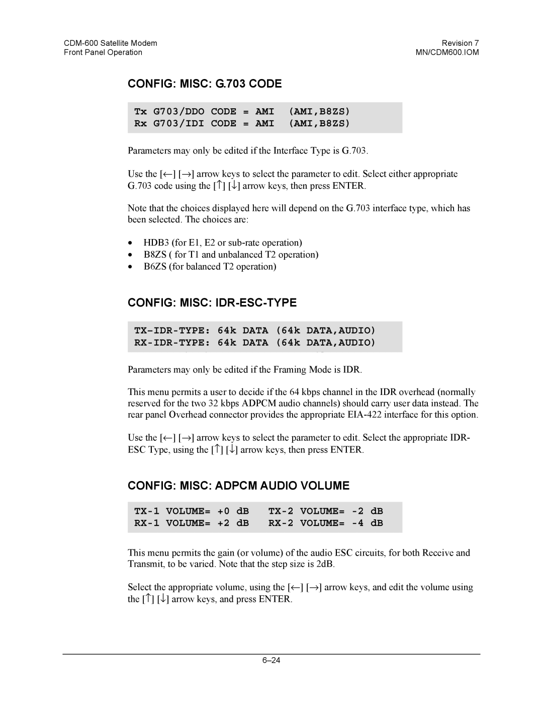 Premier Mounts CDM-600 Config Misc G.703 Code, Config Misc IDR-ESC-TYPE, Config Misc Adpcm Audio Volume, Volume= 