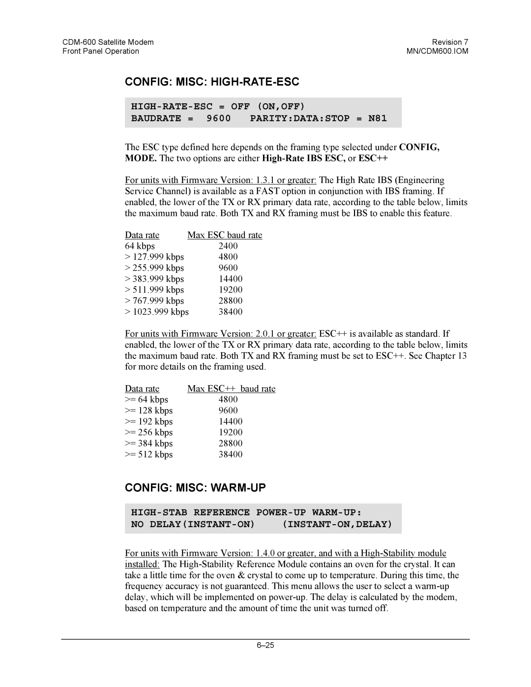 Premier Mounts CDM-600 specifications Config Misc HIGH-RATE-ESC, Config Misc WARM-UP, Instant-On,Delay 