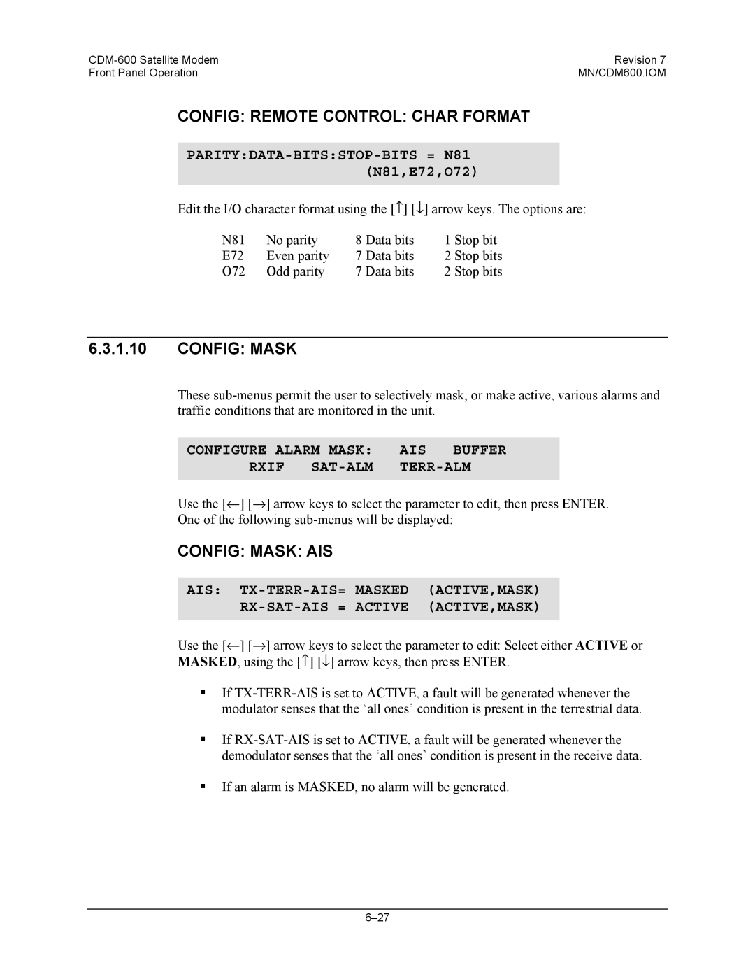 Premier Mounts CDM-600 Config Remote Control Char Format, Config Mask AIS, PARITYDATA-BITSSTOP-BITS = N81 N81,E72,O72 