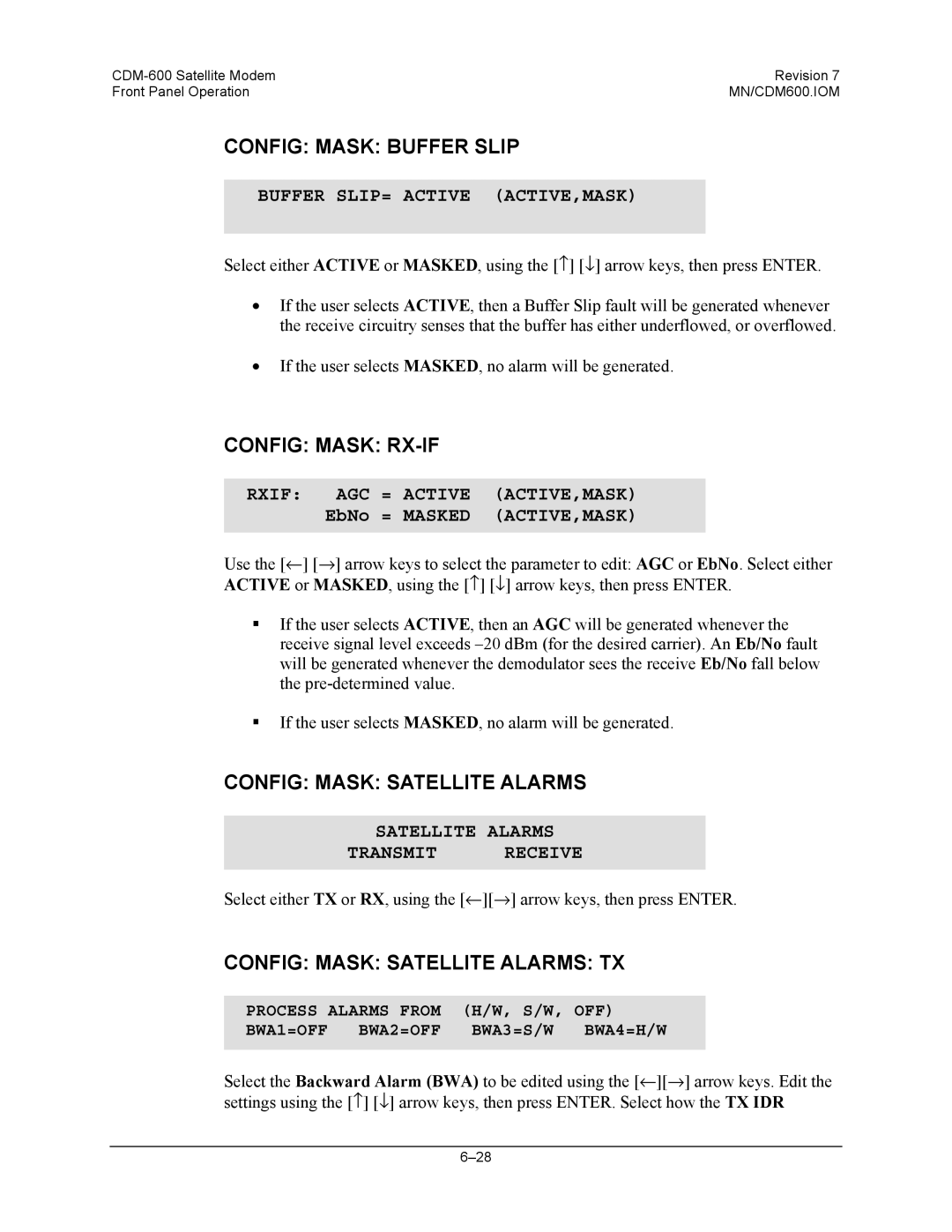 Premier Mounts CDM-600 specifications Config Mask Buffer Slip, Config Mask RX-IF, Config Mask Satellite Alarms 