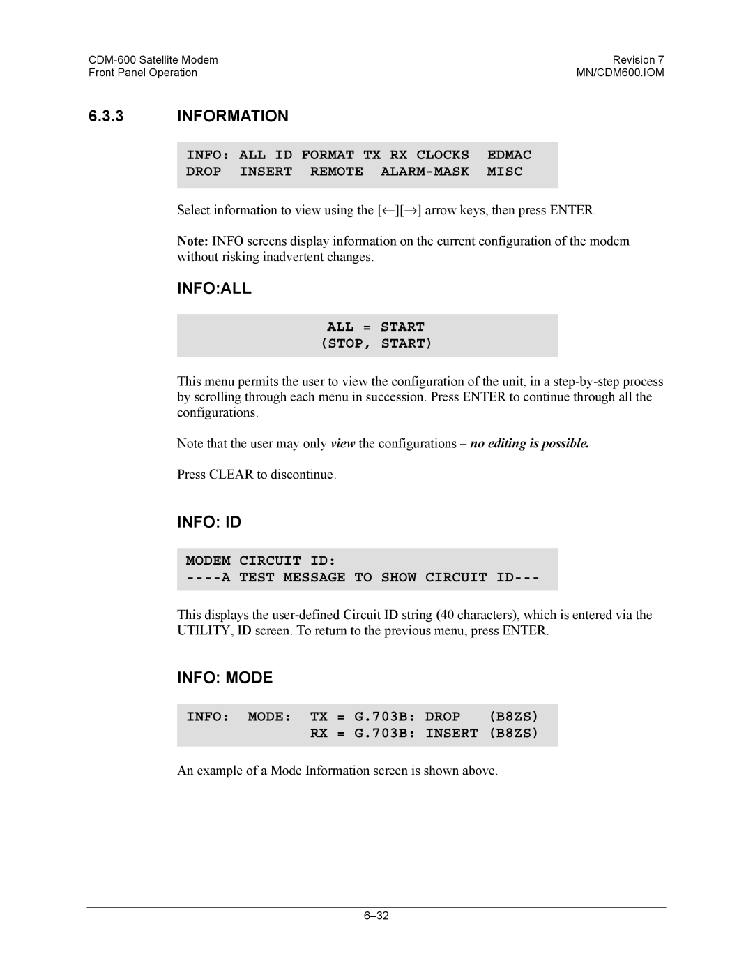 Premier Mounts CDM-600 specifications Information, Infoall, Info ID, Info Mode 