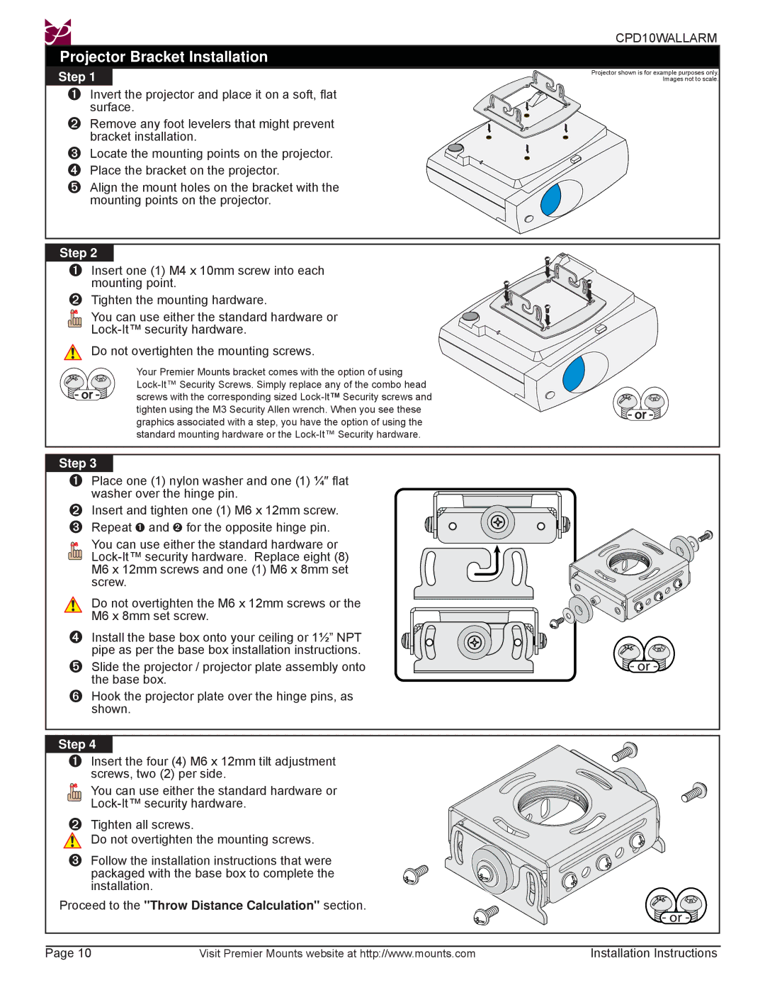 Premier Mounts CPD10WALLARM Projector Bracket Installation, Proceed to the Throw Distance Calculation section 