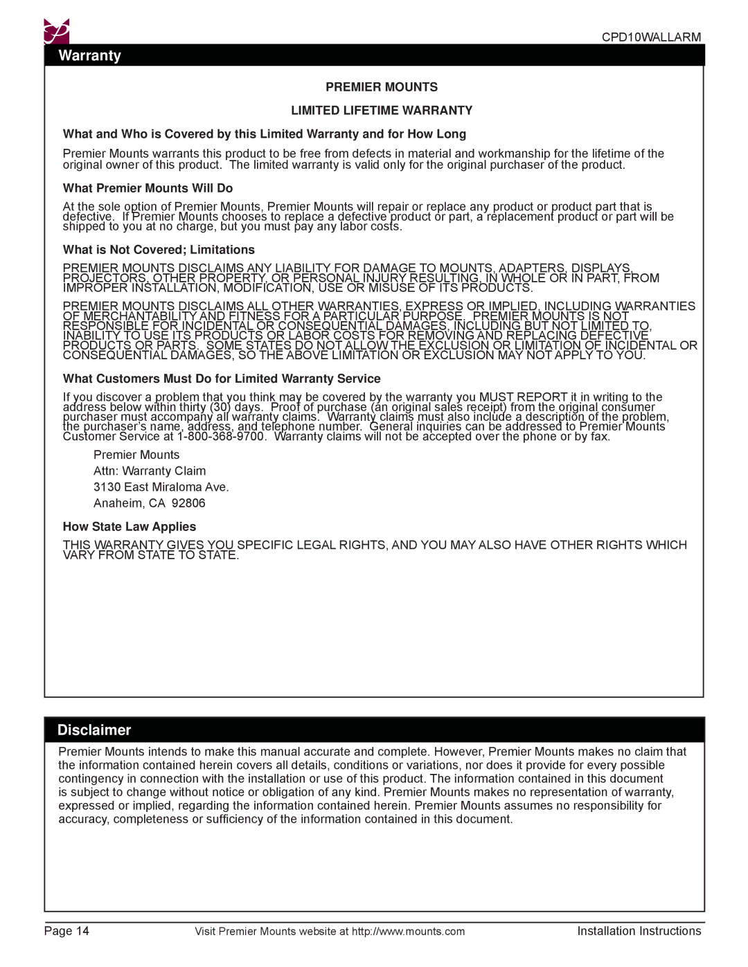 Premier Mounts CPD10WALLARM installation instructions Warranty, Disclaimer 