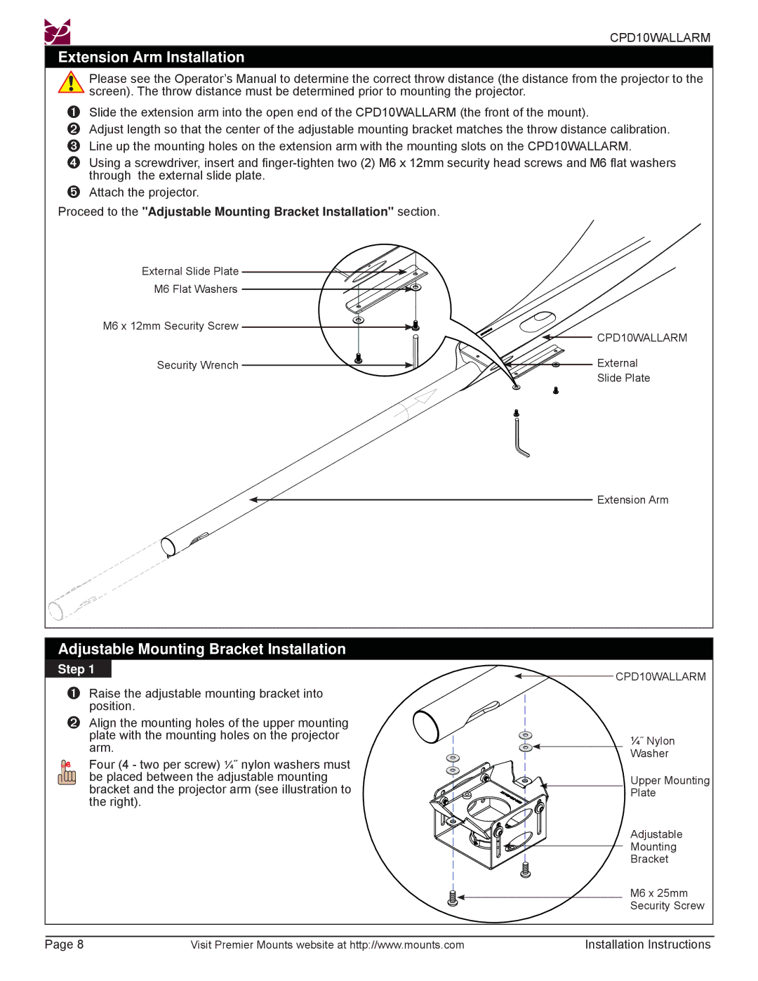 Premier Mounts CPD10WALLARM installation instructions Extension Arm Installation, Adjustable Mounting Bracket Installation 