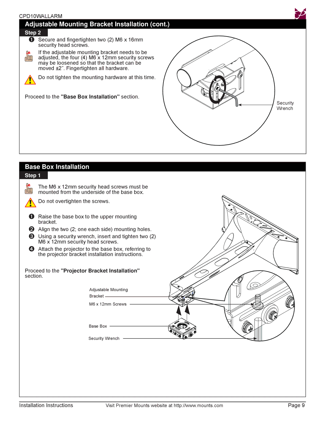 Premier Mounts CPD10WALLARM installation instructions Proceed to the Base Box Installation section 