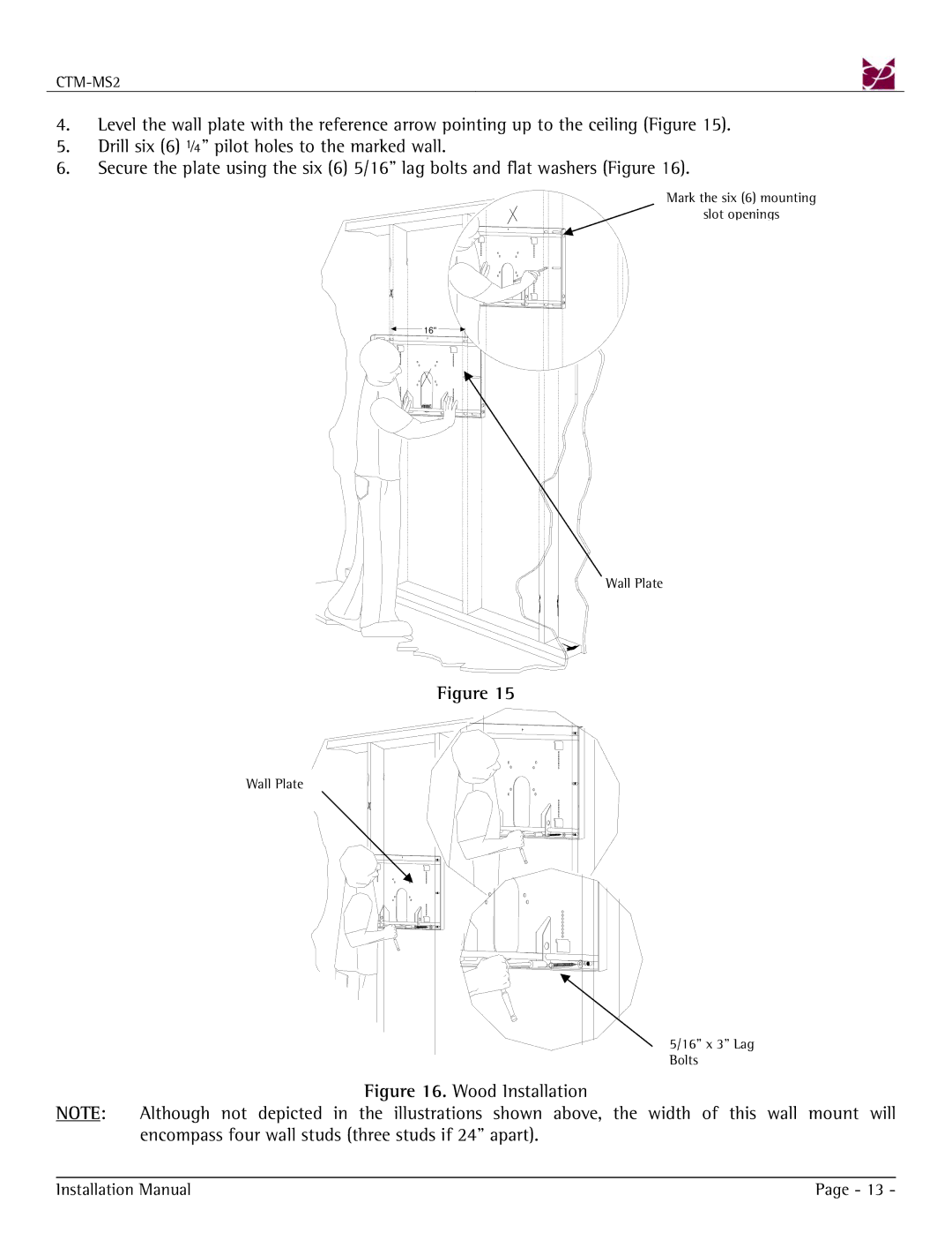 Premier Mounts CTM-MS2 installation manual Wood Installation 