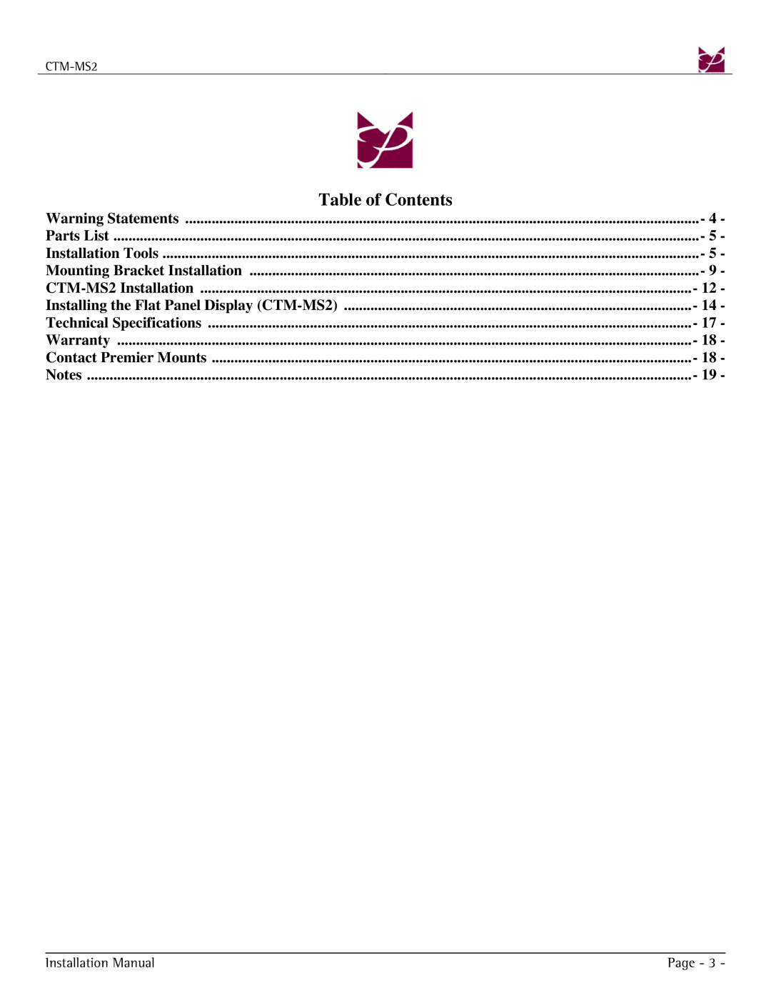 Premier Mounts CTM-MS2 installation manual Table of Contents 