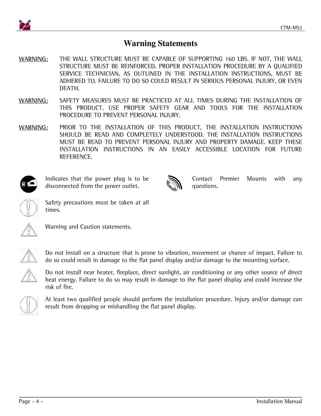 Premier Mounts CTM-MS2 installation manual Installation Manual 