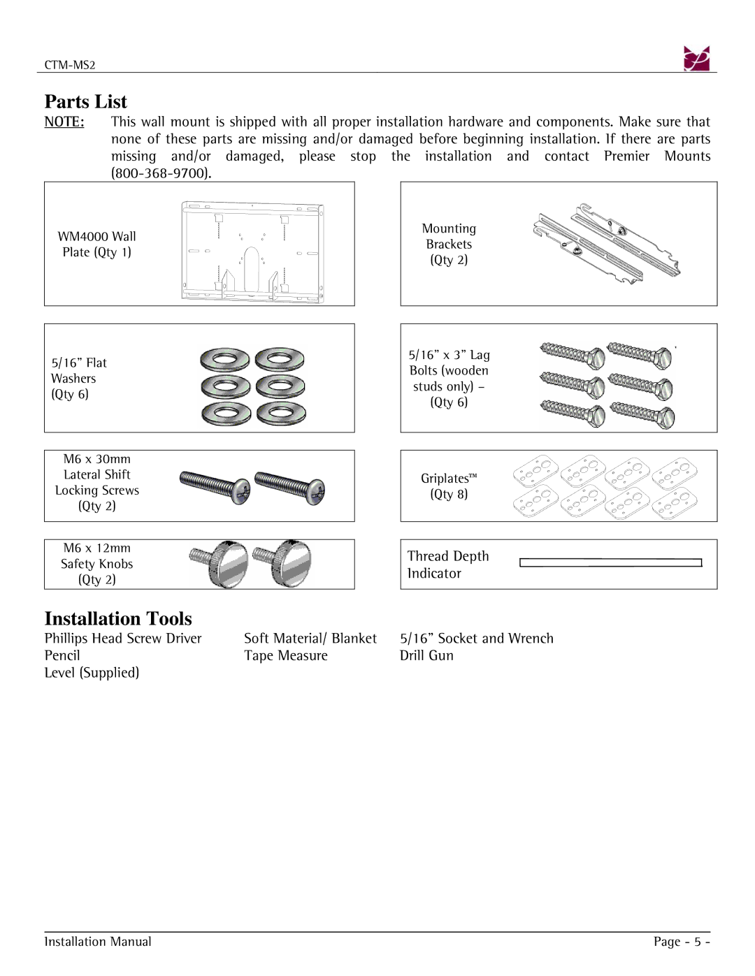 Premier Mounts CTM-MS2 installation manual Parts List, Installation Tools 