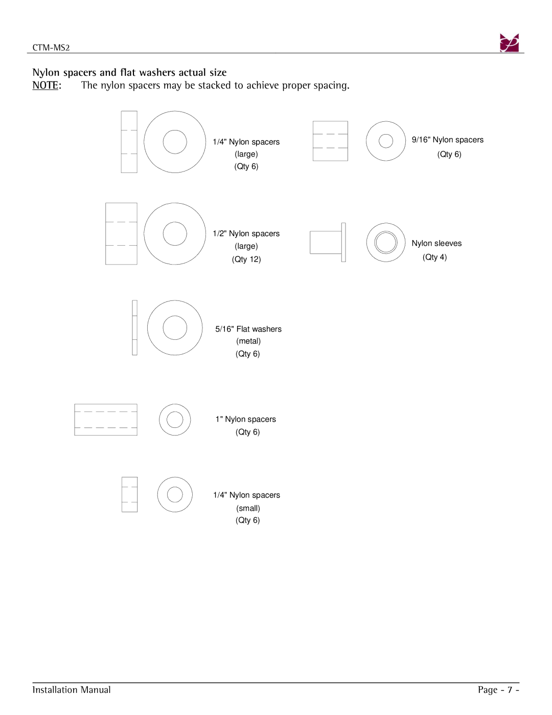 Premier Mounts CTM-MS2 installation manual Nylon spacers and flat washers actual size 