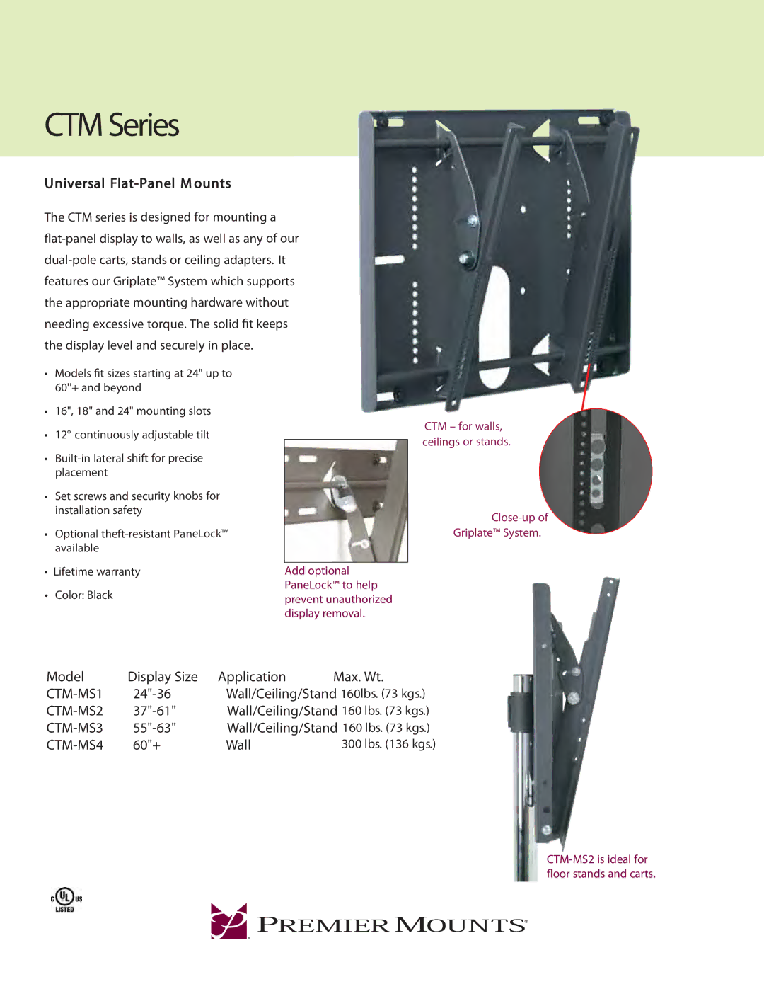 Premier Mounts CTM-MS4, CTM-MS3, CTM series, CTM-MS1 warranty CTM Series, Model, Application 