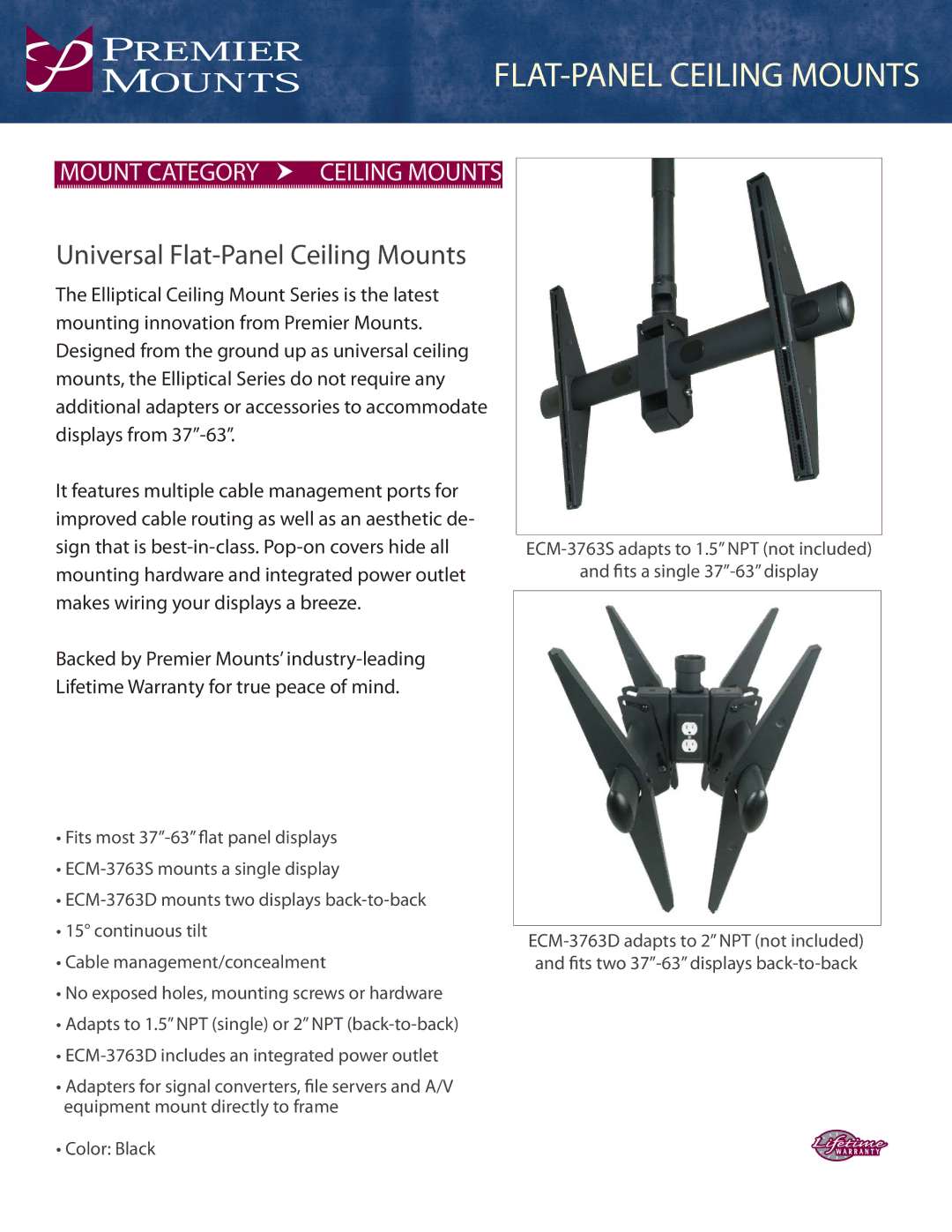 Premier Mounts ECM-3763D, ECM-3763S warranty FLAT-PANEL Ceiling Mounts, Universal Flat-Panel Ceiling Mounts 