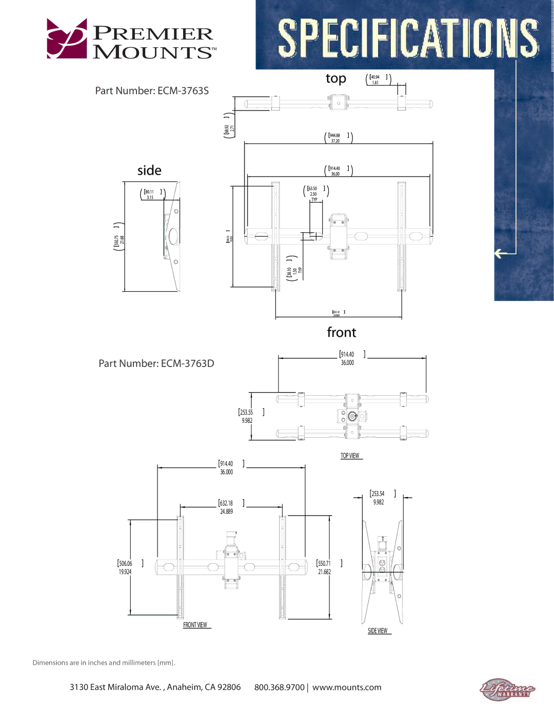 Premier Mounts warranty Part Number ECM-3763S Part Number ECM-3763D 