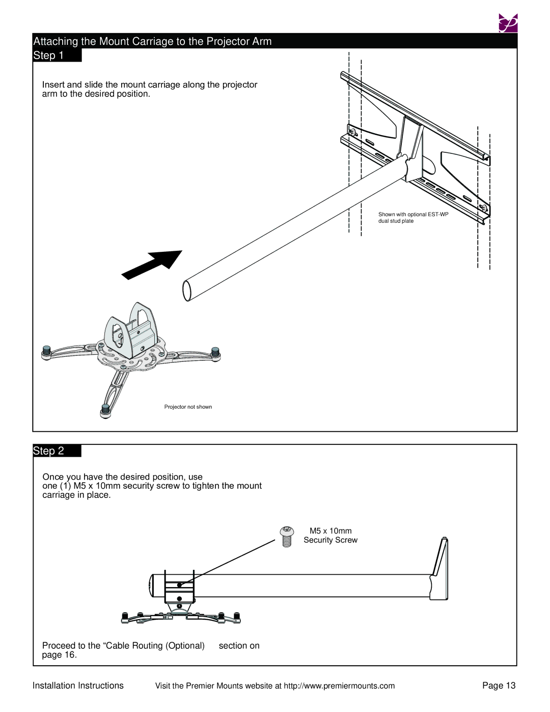 Premier Mounts EST150 installation instructions Attaching the Mount Carriage to the Projector Arm Step 