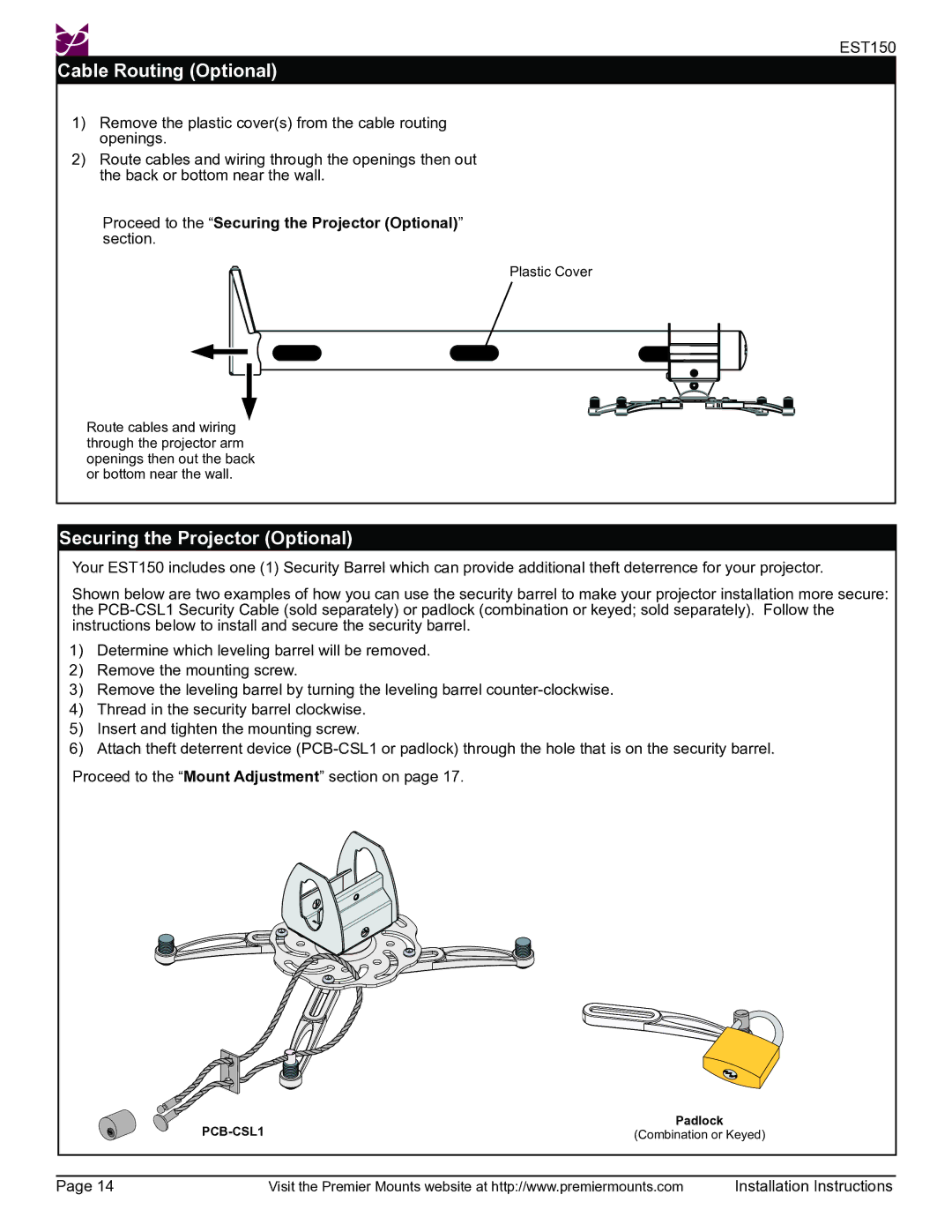 Premier Mounts EST150 installation instructions Cable Routing Optional, Securing the Projector Optional 