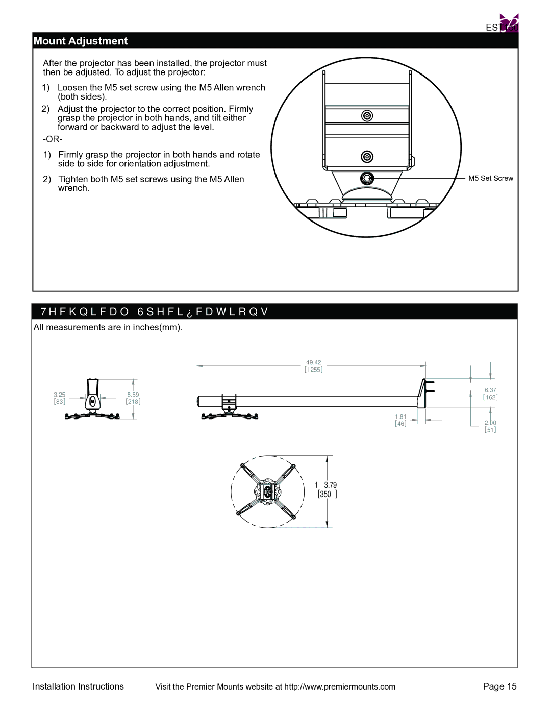 Premier Mounts EST150 installation instructions Mount Adjustment, Technical Specifications 