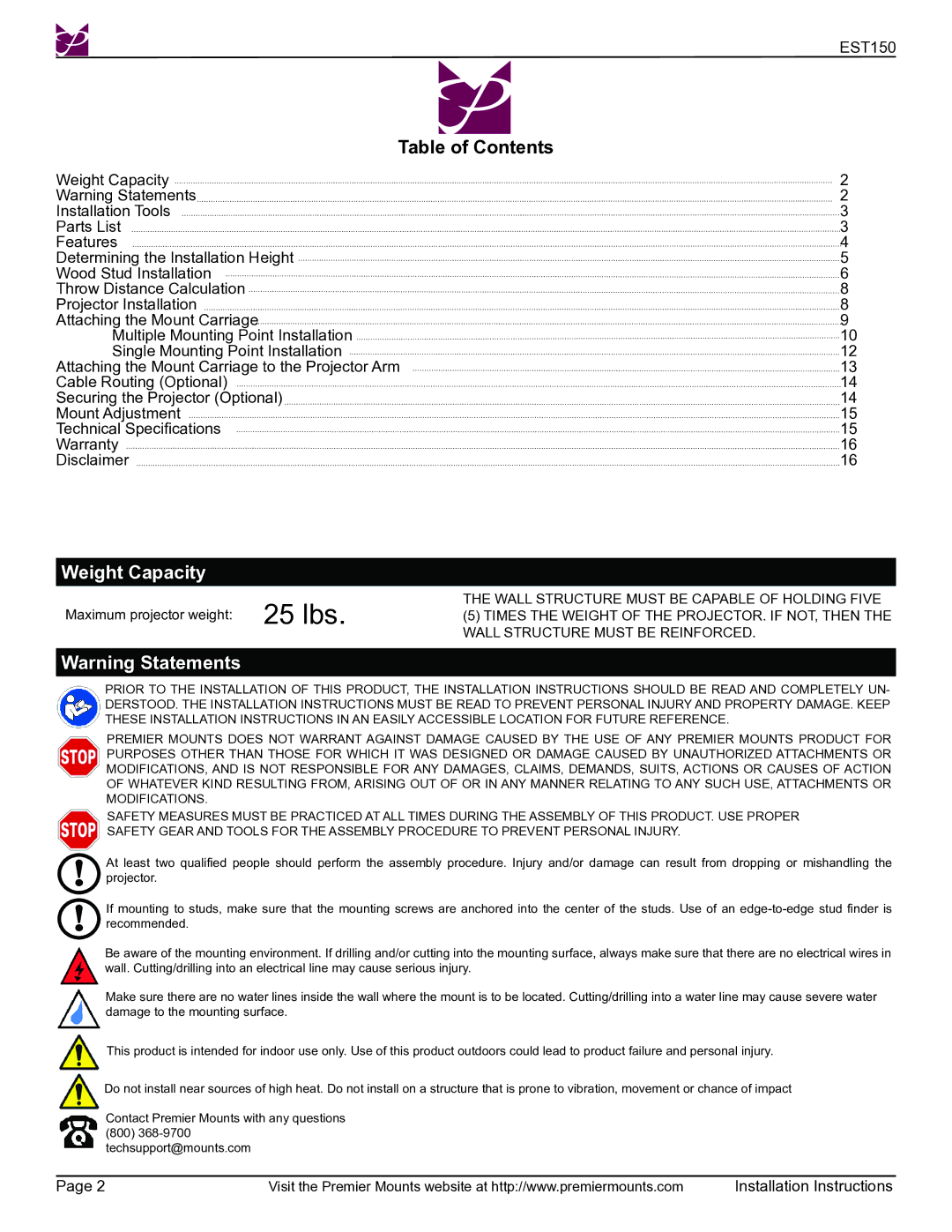 Premier Mounts EST150 installation instructions Table of Contents, Weight Capacity 