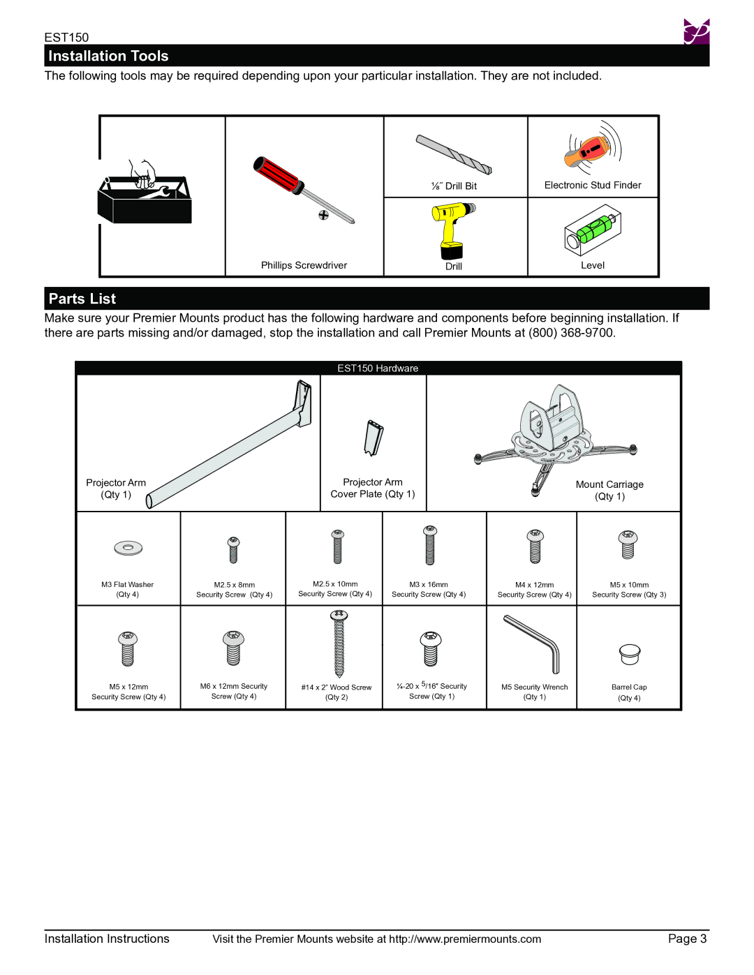 Premier Mounts EST150 installation instructions Installation Tools, Parts List 