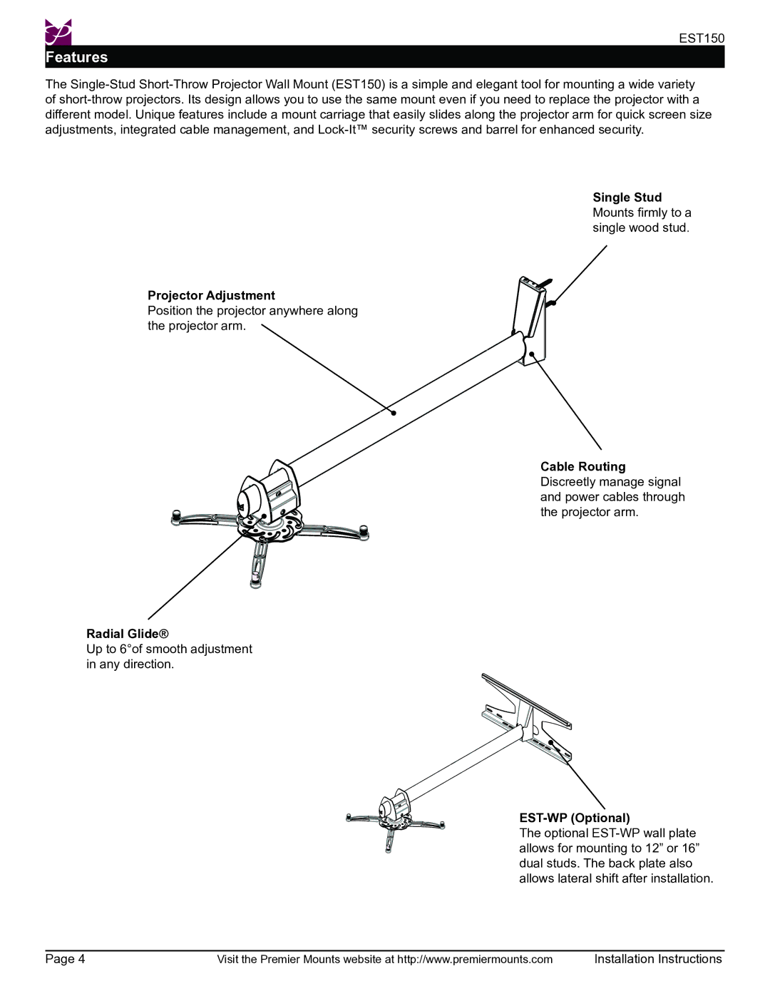 Premier Mounts EST150 installation instructions Features, EST-WP Optional 