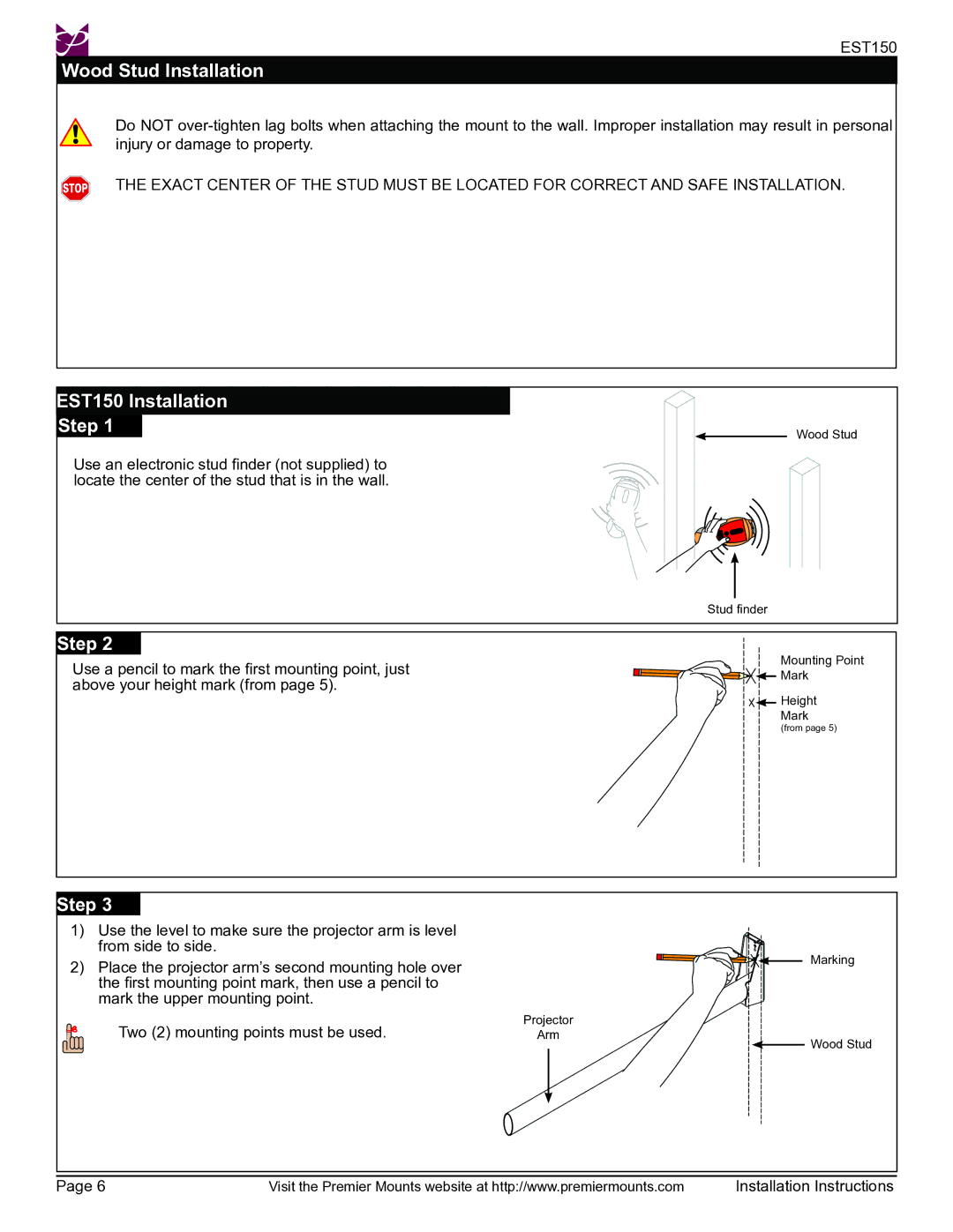 Premier Mounts installation instructions Wood Stud Installation, EST150 Installation Step 