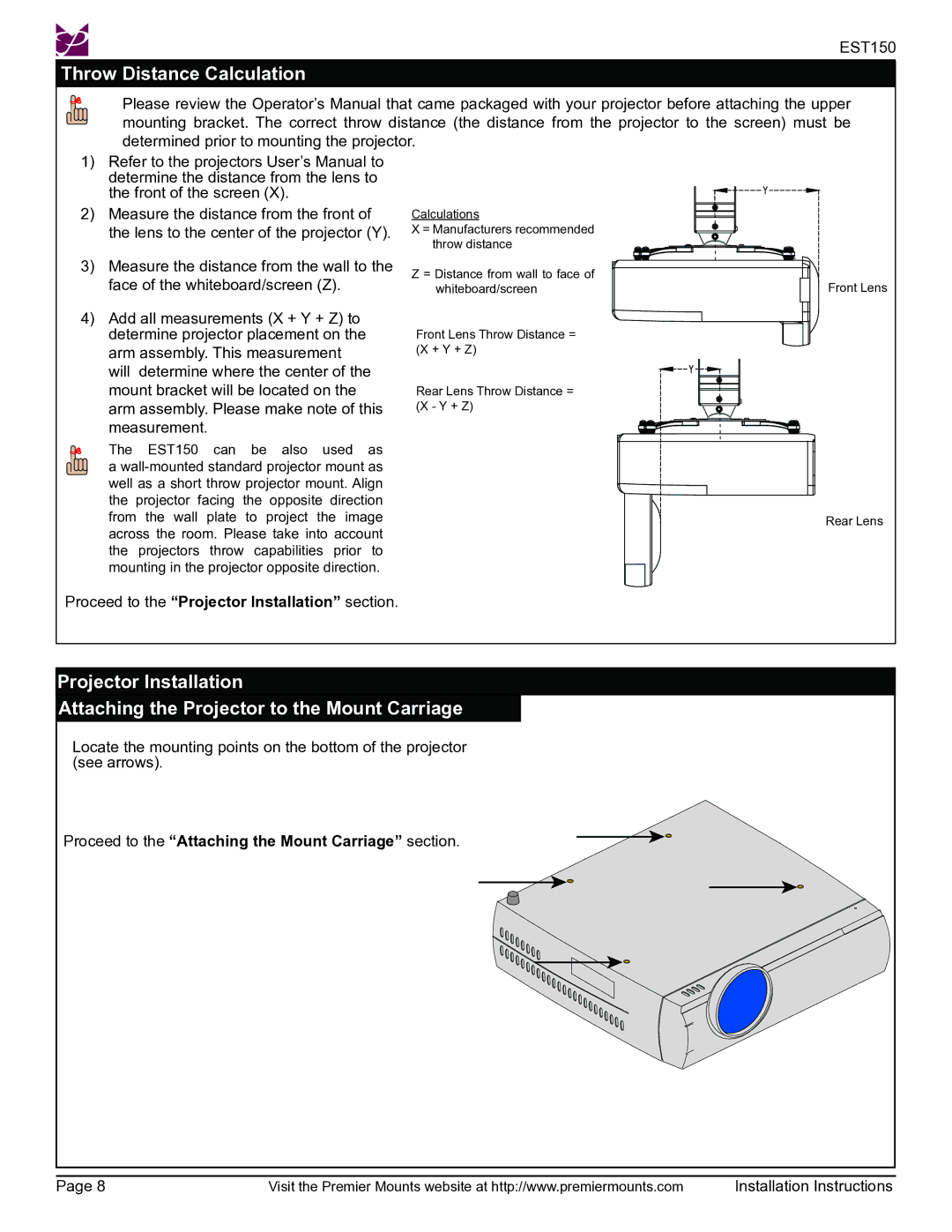 Premier Mounts EST150 installation instructions Throw Distance Calculation, Proceed to the Projector Installation section 