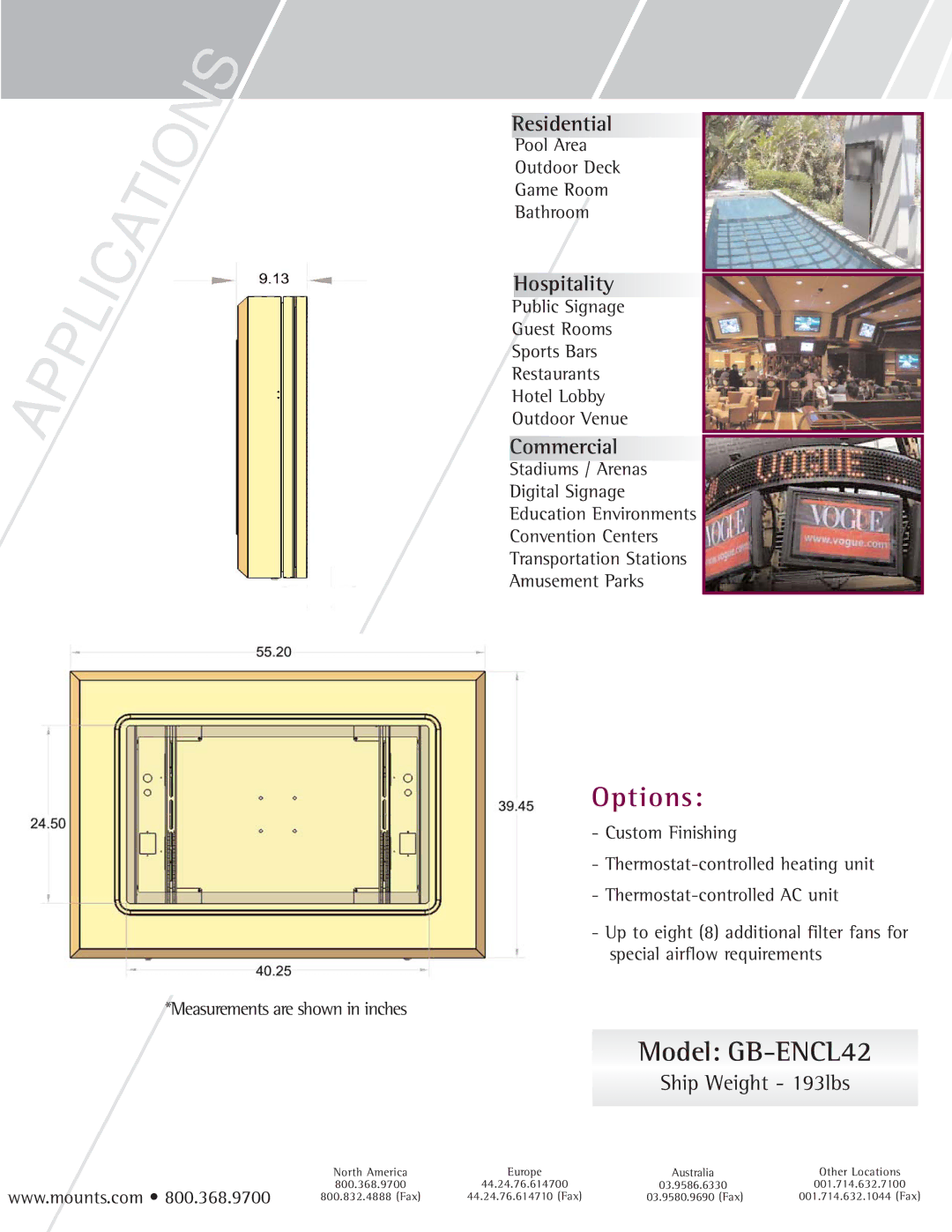 Premier Mounts manual Options, Model GB-ENCL42, Residential, Hospitality, Commercial 