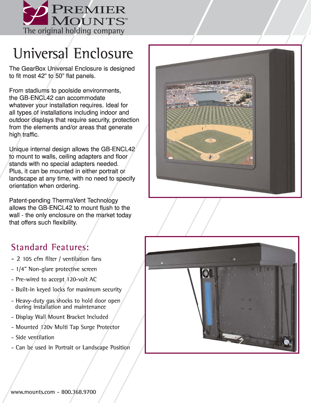 Premier Mounts GB-ENCL42 manual Universal Enclosure, Standard Features 