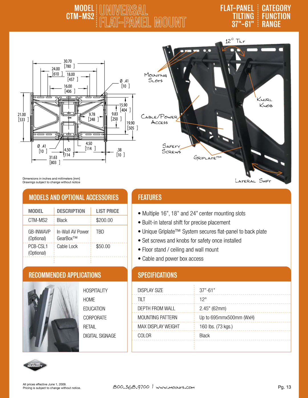 Premier Mounts GB-INWAVP specifications Model CTM-MS2, Features, Specifications, Recommended Applications 