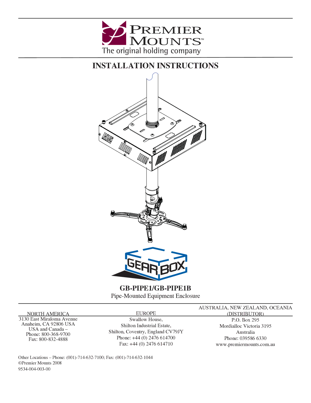 Premier Mounts GB-PIPE1B installation instructions Installation Instructions 