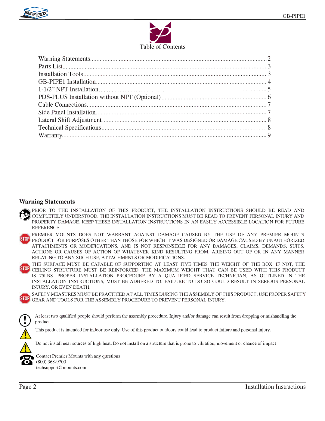 Premier Mounts GB-PIPE1B installation instructions Installation Instructions 