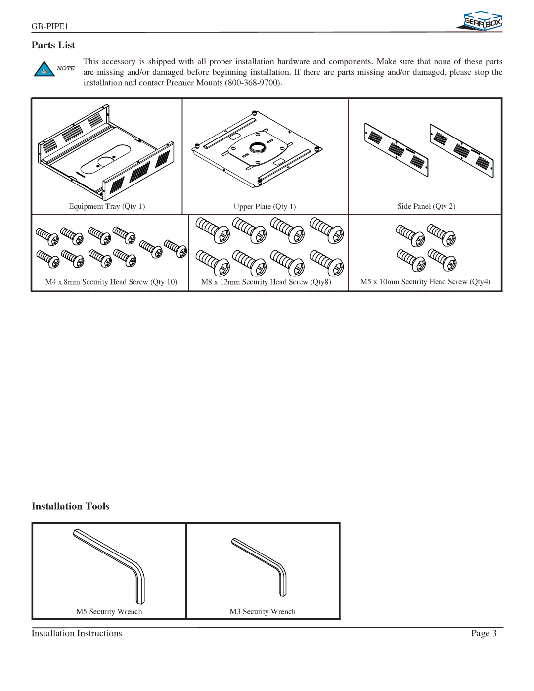 Premier Mounts GB-PIPE1B installation instructions Parts List, Installation Tools 