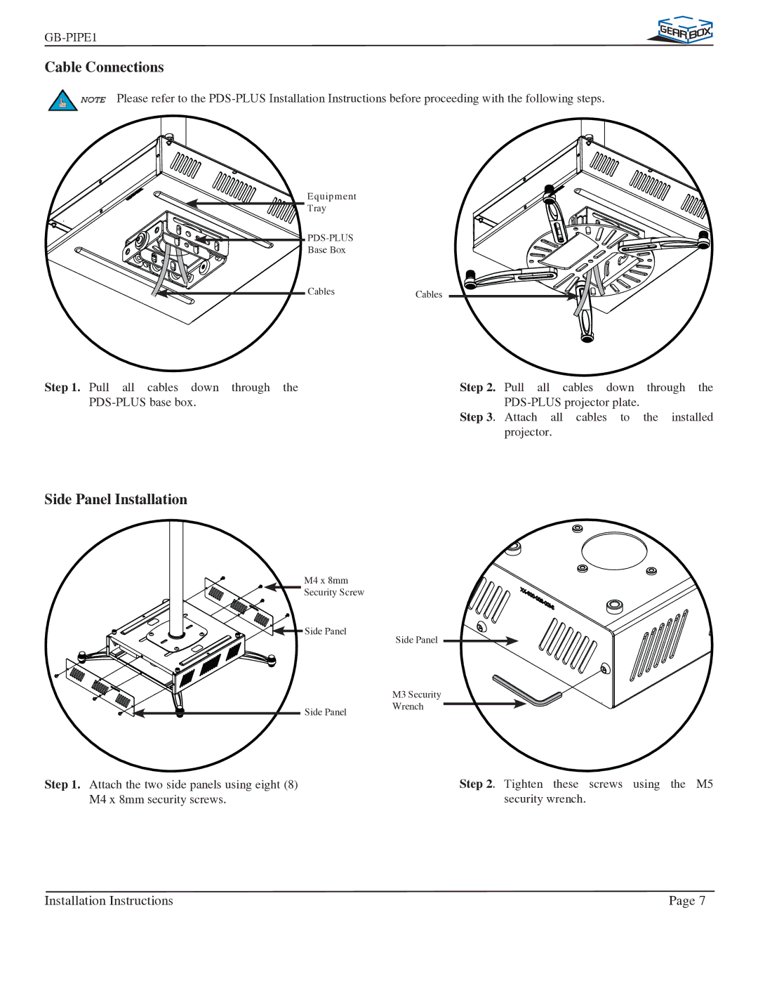 Premier Mounts GB-PIPE1B installation instructions Cable Connections, Side Panel Installation 