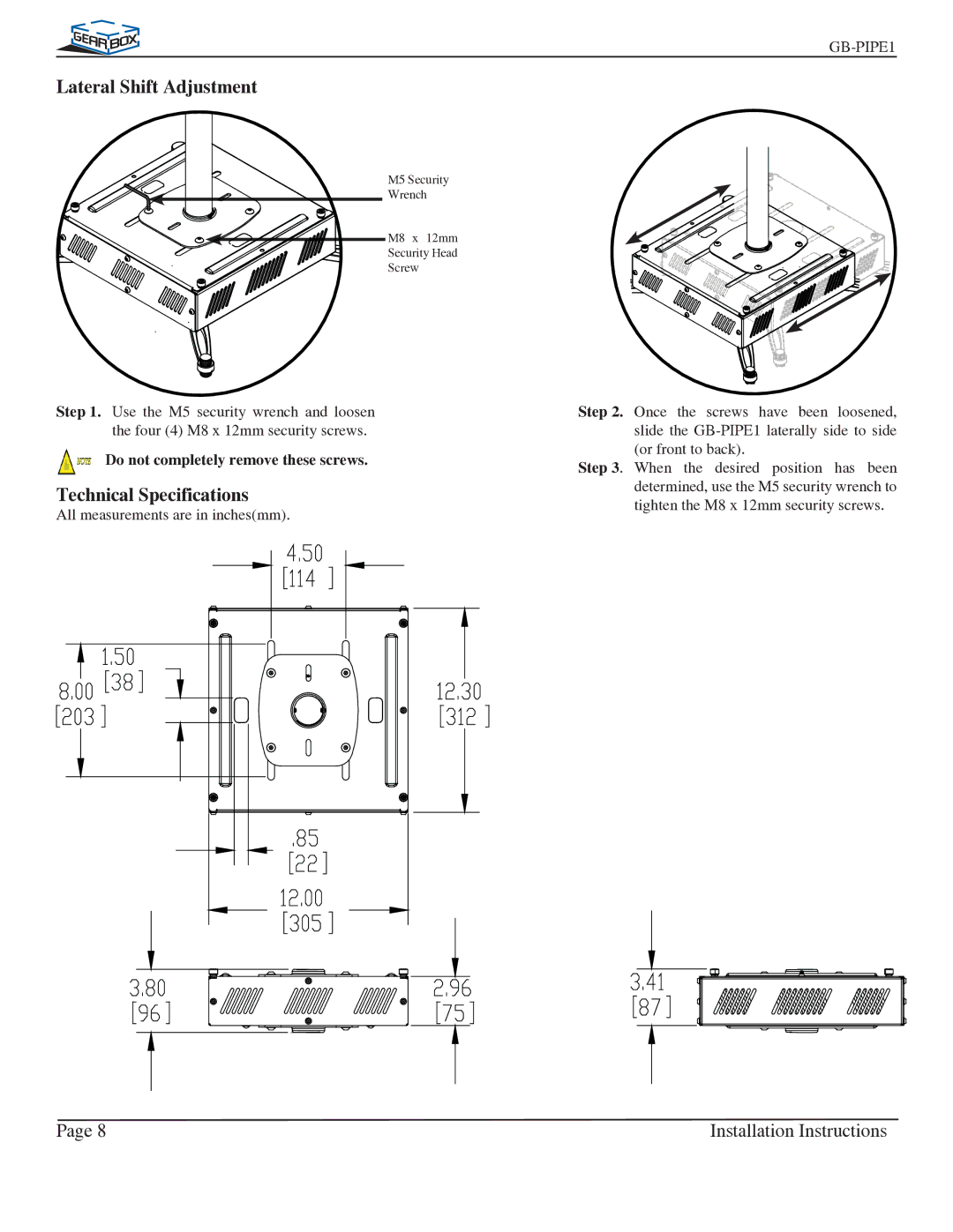 Premier Mounts GB-PIPE1B installation instructions Lateral Shift Adjustment, Technical Specifications 