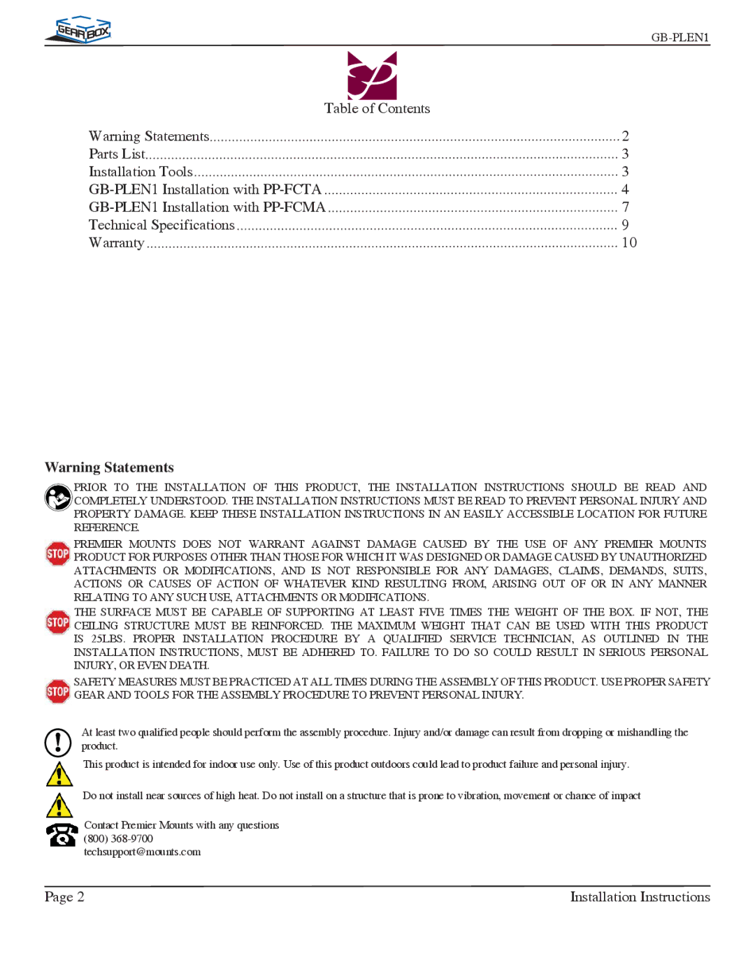 Premier Mounts GB-PLEN1 installation instructions Installation Instructions 