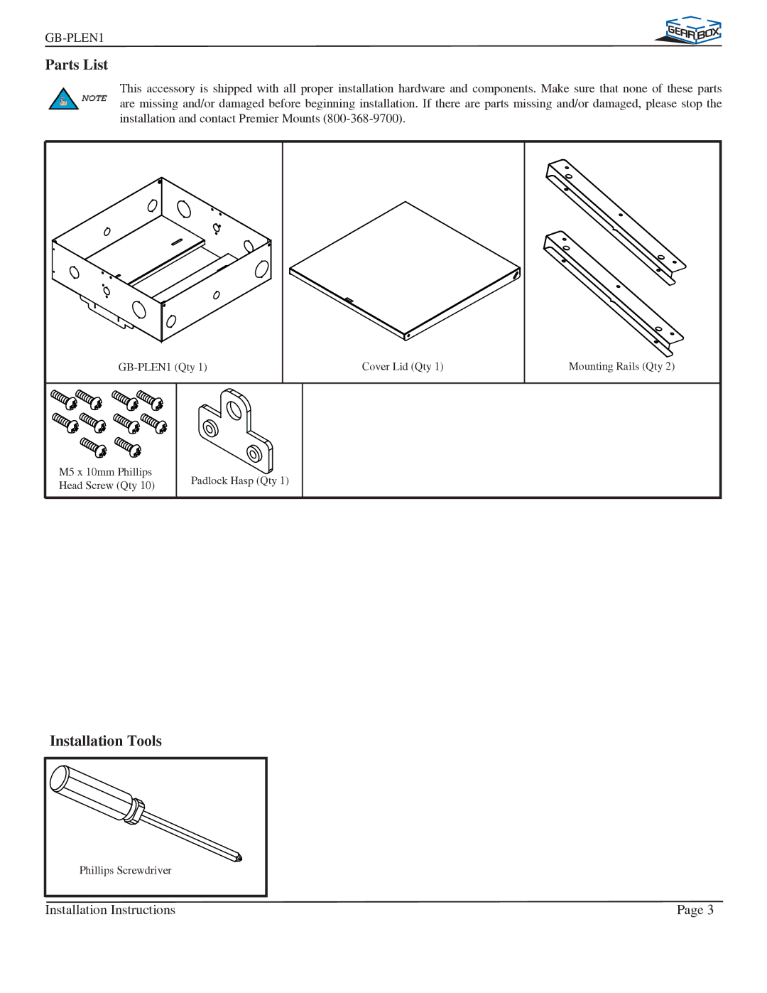 Premier Mounts GB-PLEN1 installation instructions Parts List, Installation Tools 