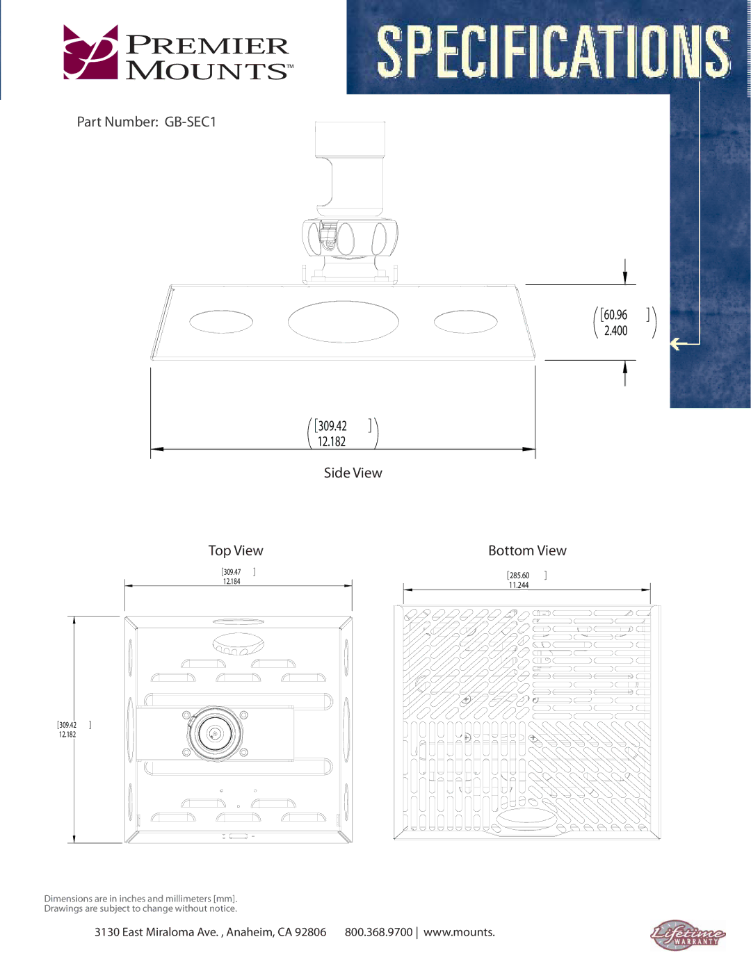 Premier Mounts GB-SEC1B, GB-SEC1W warranty Part Number GB-SEC1, Side View Top View, Bottom View 