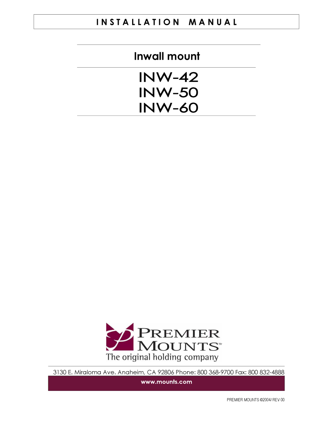 Premier Mounts INW-60, INW-50, INW-series, INW-42 installation manual Inwall mount 