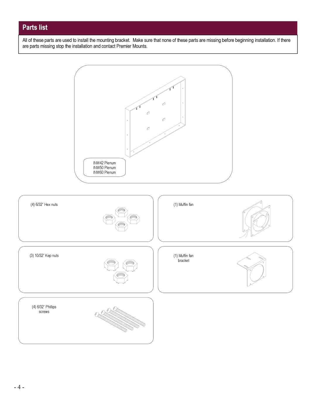 Premier Mounts INW-50, INW-60, INW-series, INW-42 installation manual Parts list 