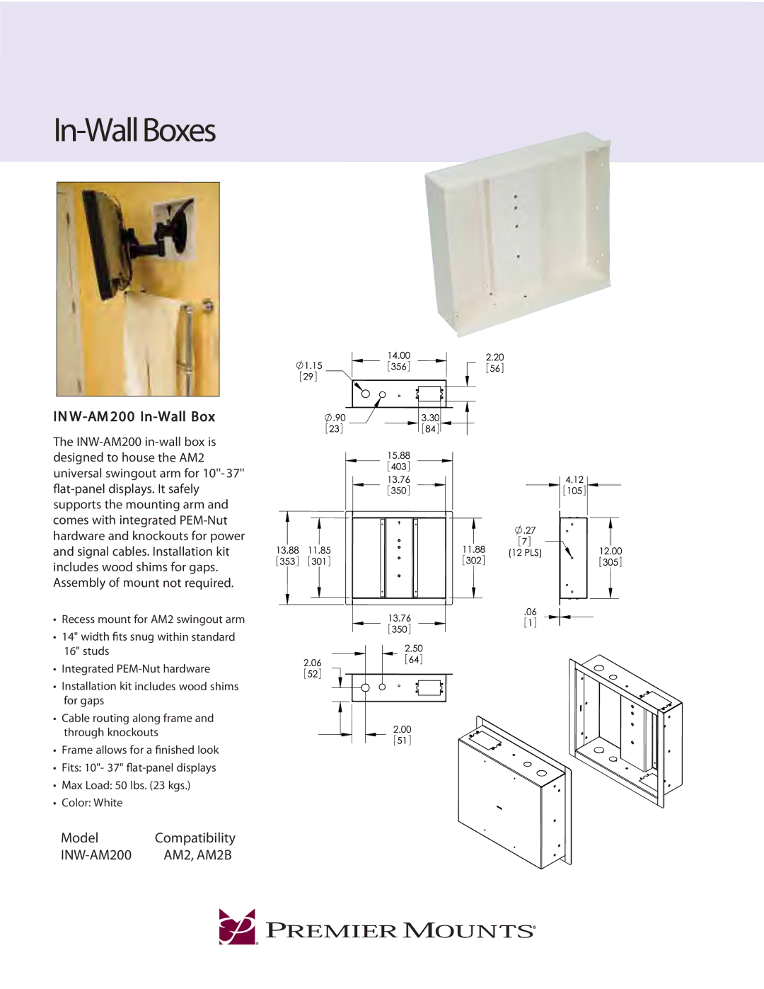 Premier Mounts INW-AM200 manual In-WallBoxes, W-AM 200 In-Wall Box, Model, AM2, AM2B 