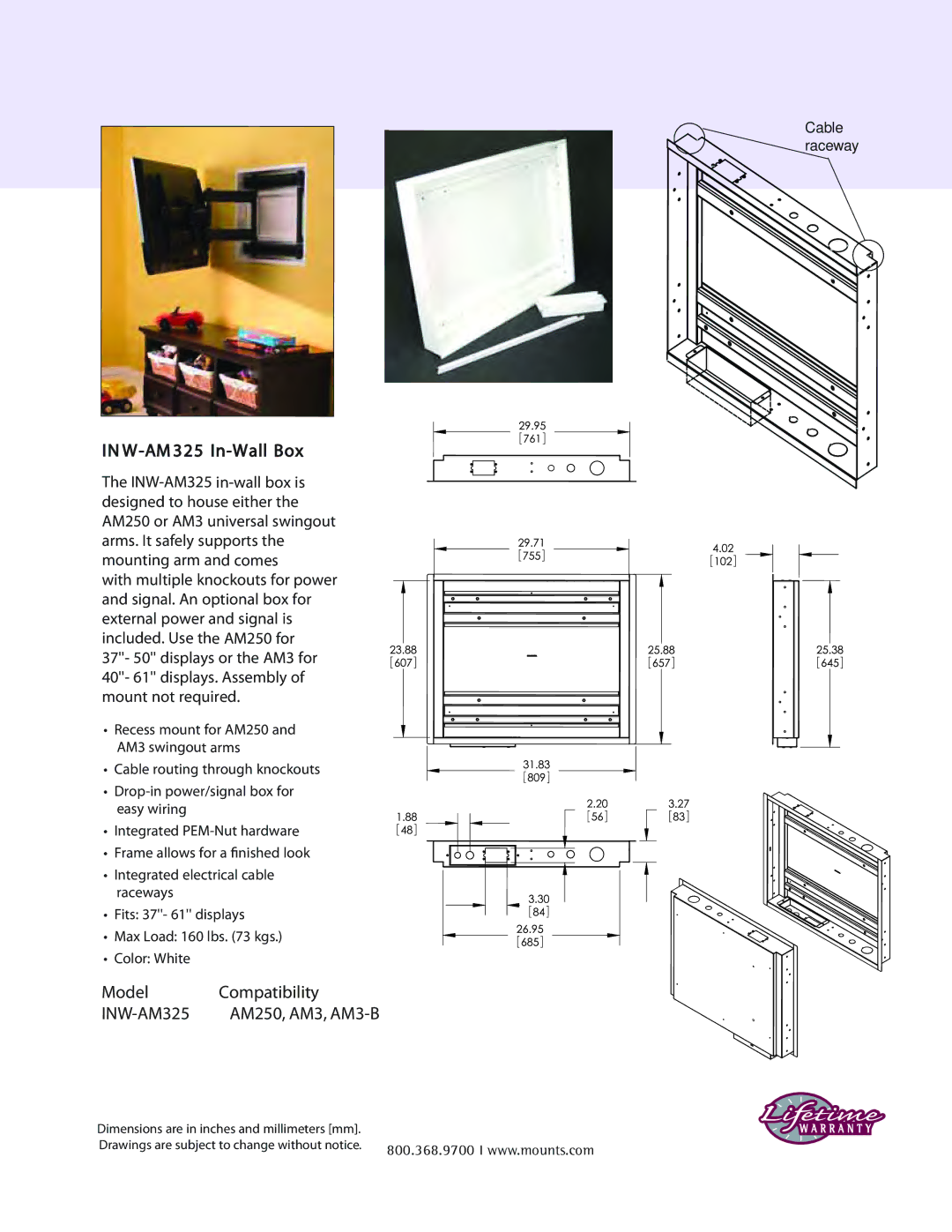 Premier Mounts INW-AM200 manual W-AM 325 In-Wall Box, Model Compatibility, INW-AM325, Cable raceway, AM250, AM3, AM3-B 