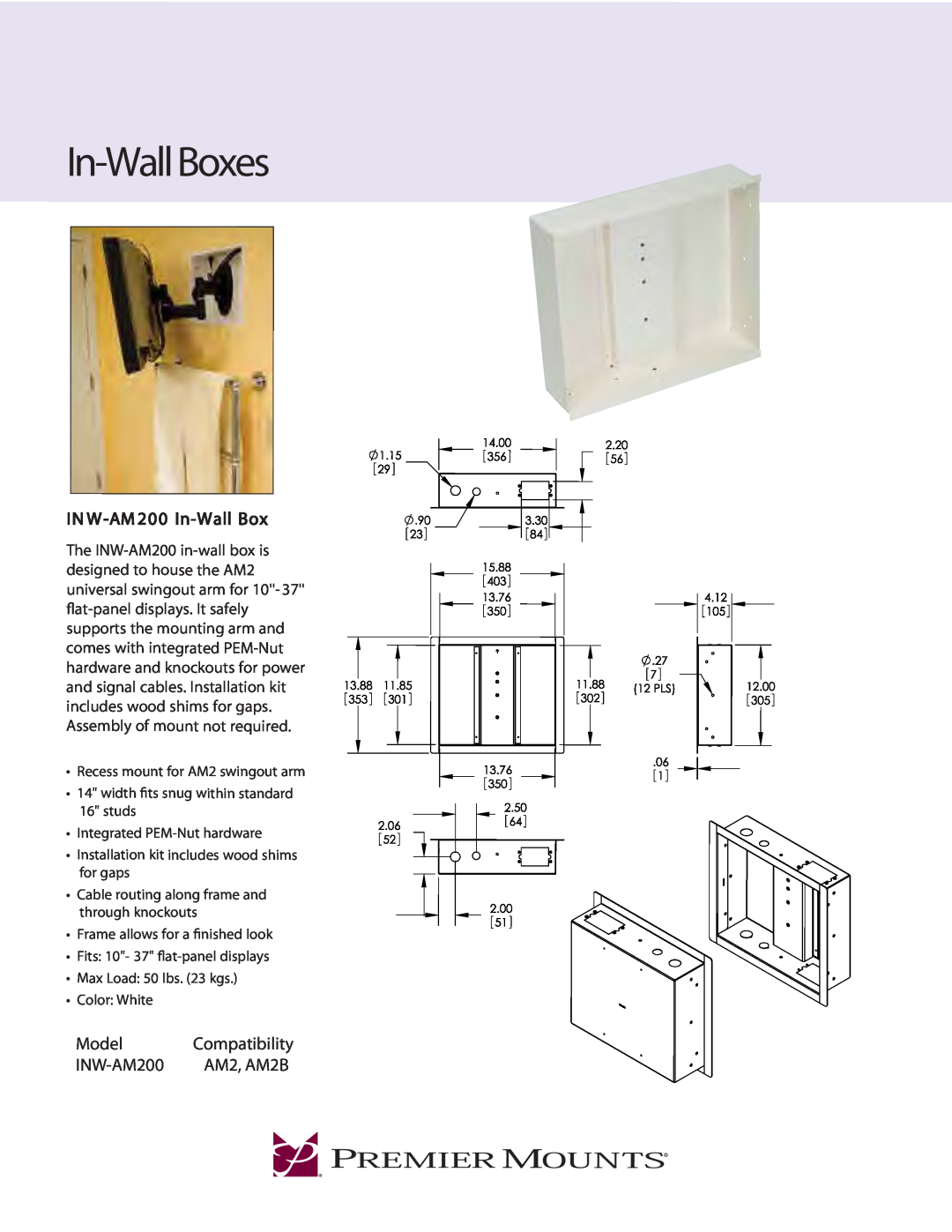 Premier Mounts INW-AM200 manual In-WallBoxes, IN W-AM200 In-WallBox, Model, AM2, AM2B, Compatibility 